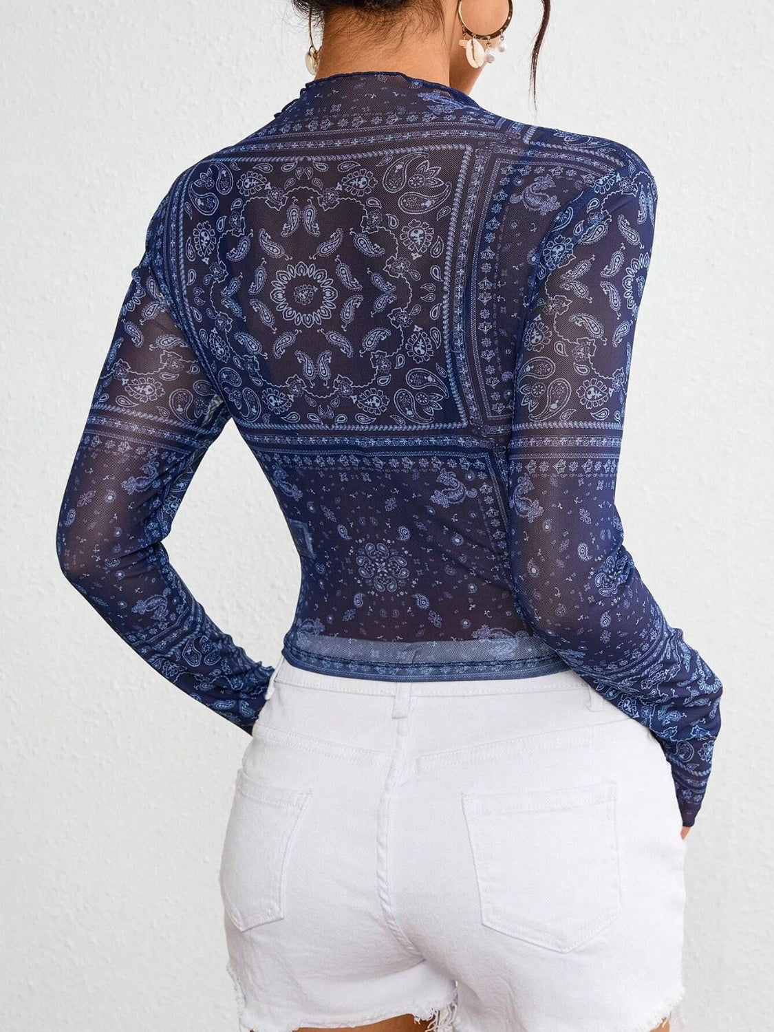 Paisley Mock Neck Long Sleeve Sheer Top-TOPS / DRESSES-[Adult]-[Female]-2022 Online Blue Zone Planet