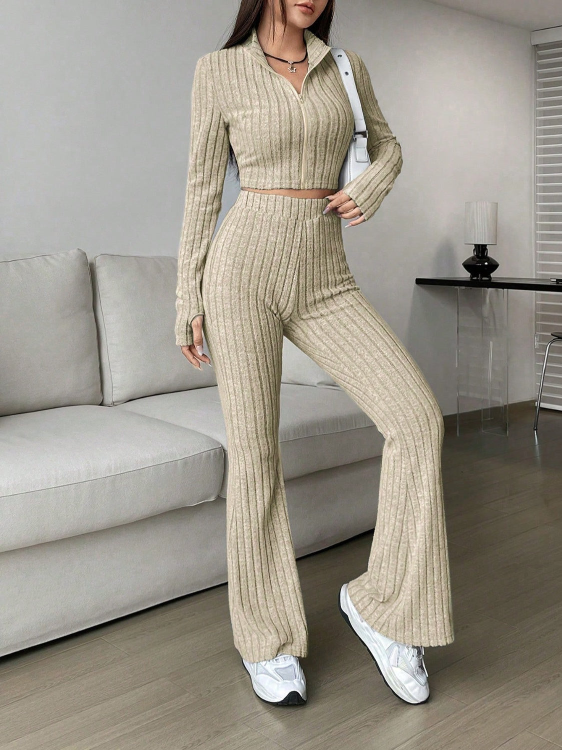 Zip Up Long Sleeve Top and Pants Set-TOPS / DRESSES-[Adult]-[Female]-2022 Online Blue Zone Planet