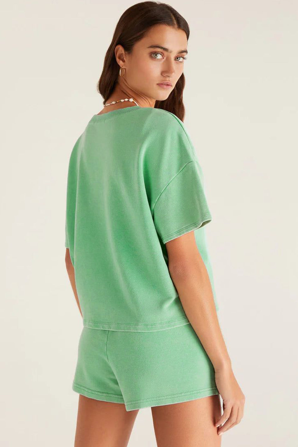 Mint Green V Neck Drop Shoulder Tee And Patchwork Drawstring Shorts Set-Two Piece Sets/Short Sets-[Adult]-[Female]-2022 Online Blue Zone Planet