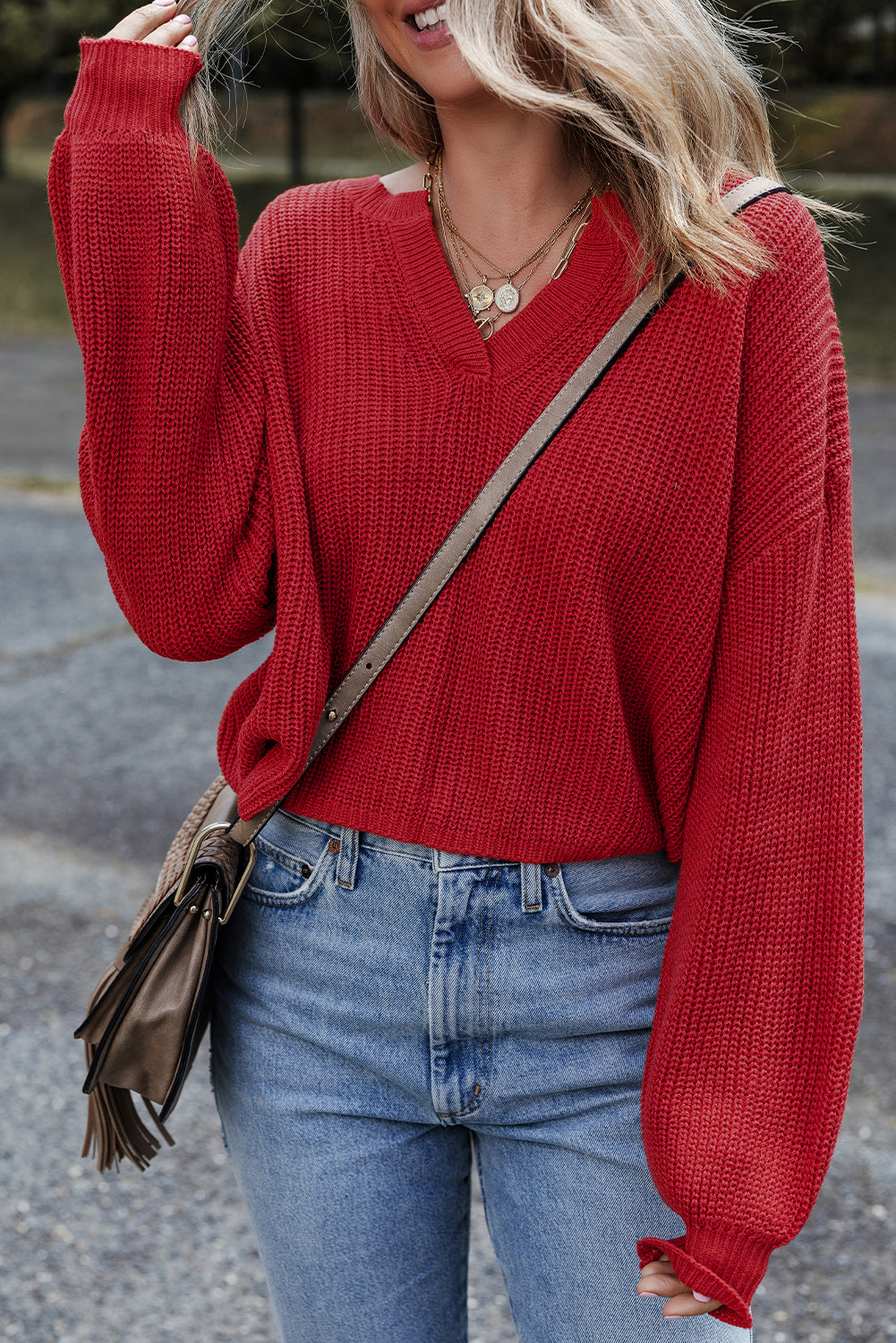 Racing Red Solid Textured Knit V Neck Drop Shoulder Sweater-TOPS / DRESSES-[Adult]-[Female]-2022 Online Blue Zone Planet