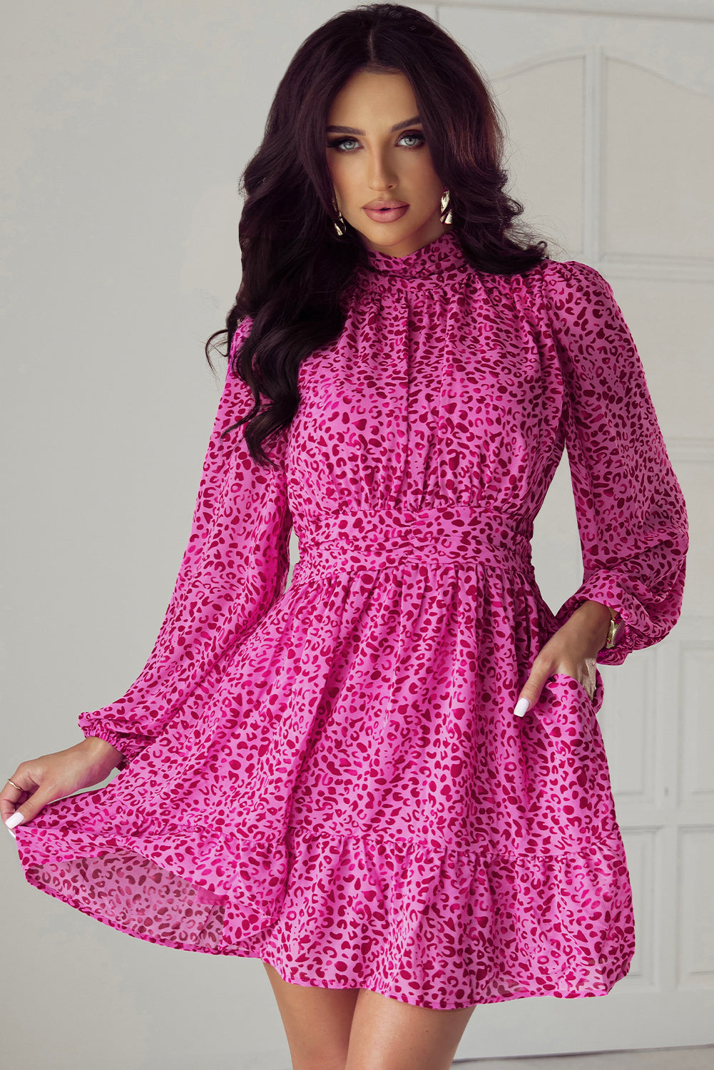 Blue Zone Planet | Rose Leopard Puff Sleeve Knotted High Neck Ruffle Dress-TOPS / DRESSES-[Adult]-[Female]-Rose-S-2022 Online Blue Zone Planet