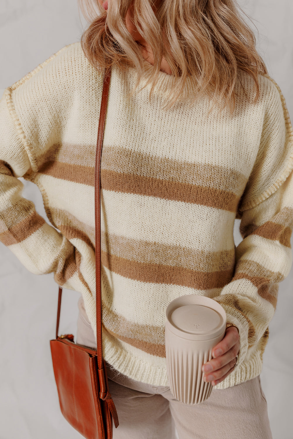 Khaki Stripe Exposed Seam Drop Shoulder Knit Baggy Sweater-TOPS / DRESSES-[Adult]-[Female]-2022 Online Blue Zone Planet