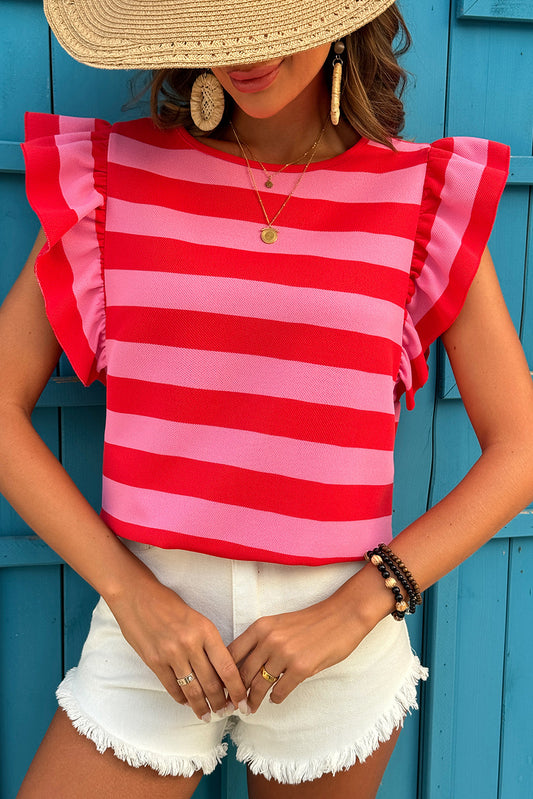 Red Stripe Flutter Sleeve Round Neck T Shirt-Tops/Tops & Tees-[Adult]-[Female]-Red Stripe-XS-2022 Online Blue Zone Planet