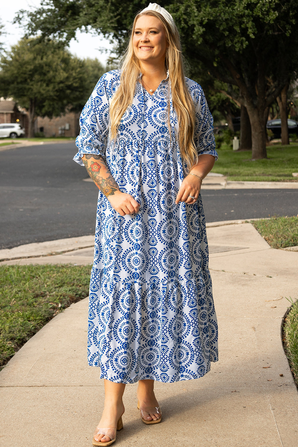 Blue Zone Planet | Sky Blue Geometric Print Lace-up Notch Neck Plus Size Maxi Dress-TOPS / DRESSES-[Adult]-[Female]-2022 Online Blue Zone Planet