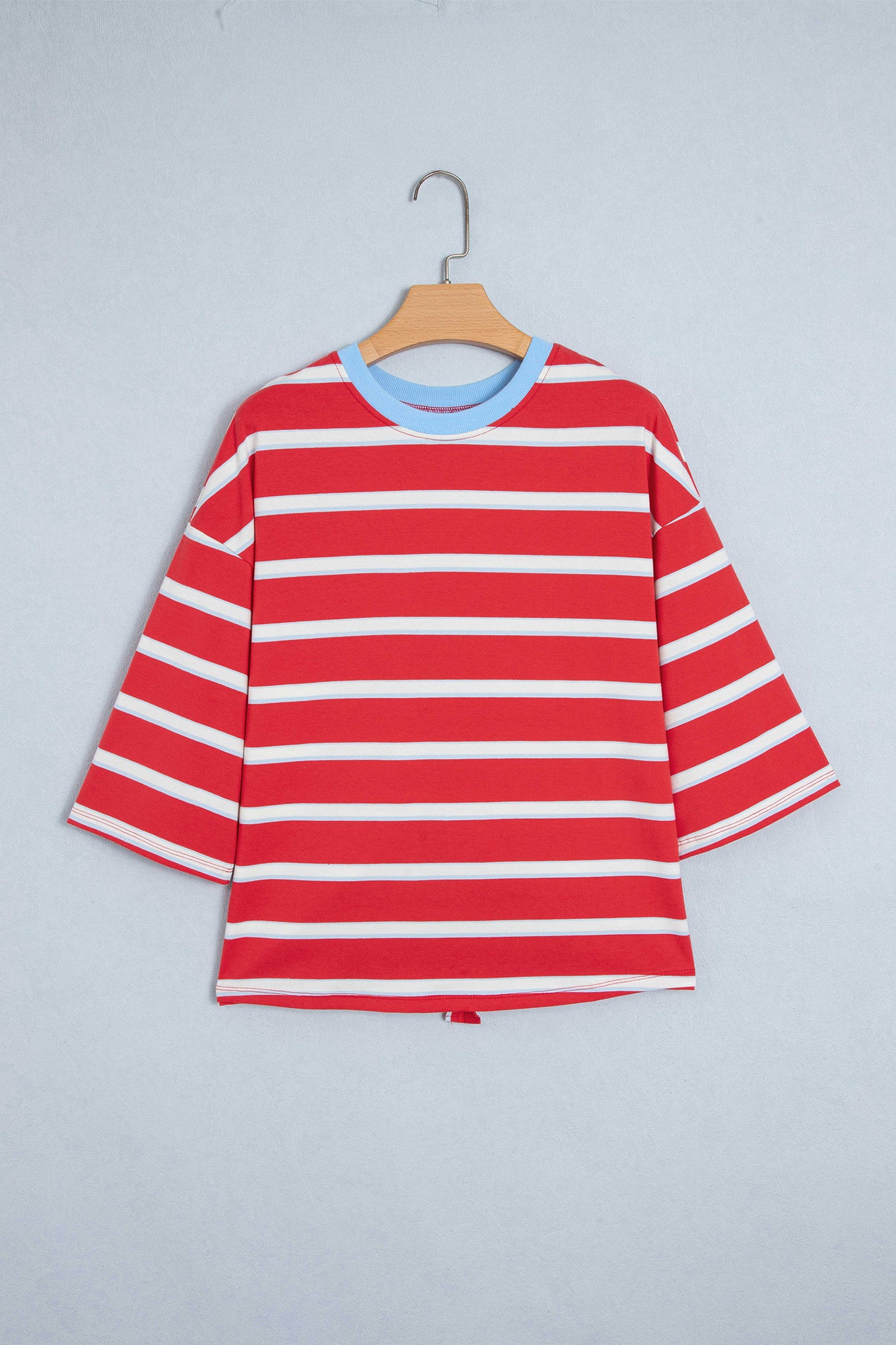 Racing Red Striped Bow Tie Hollowed Back 7/8 Sleeve Casual T-Shirt-Tops/Long Sleeve Tops-[Adult]-[Female]-2022 Online Blue Zone Planet