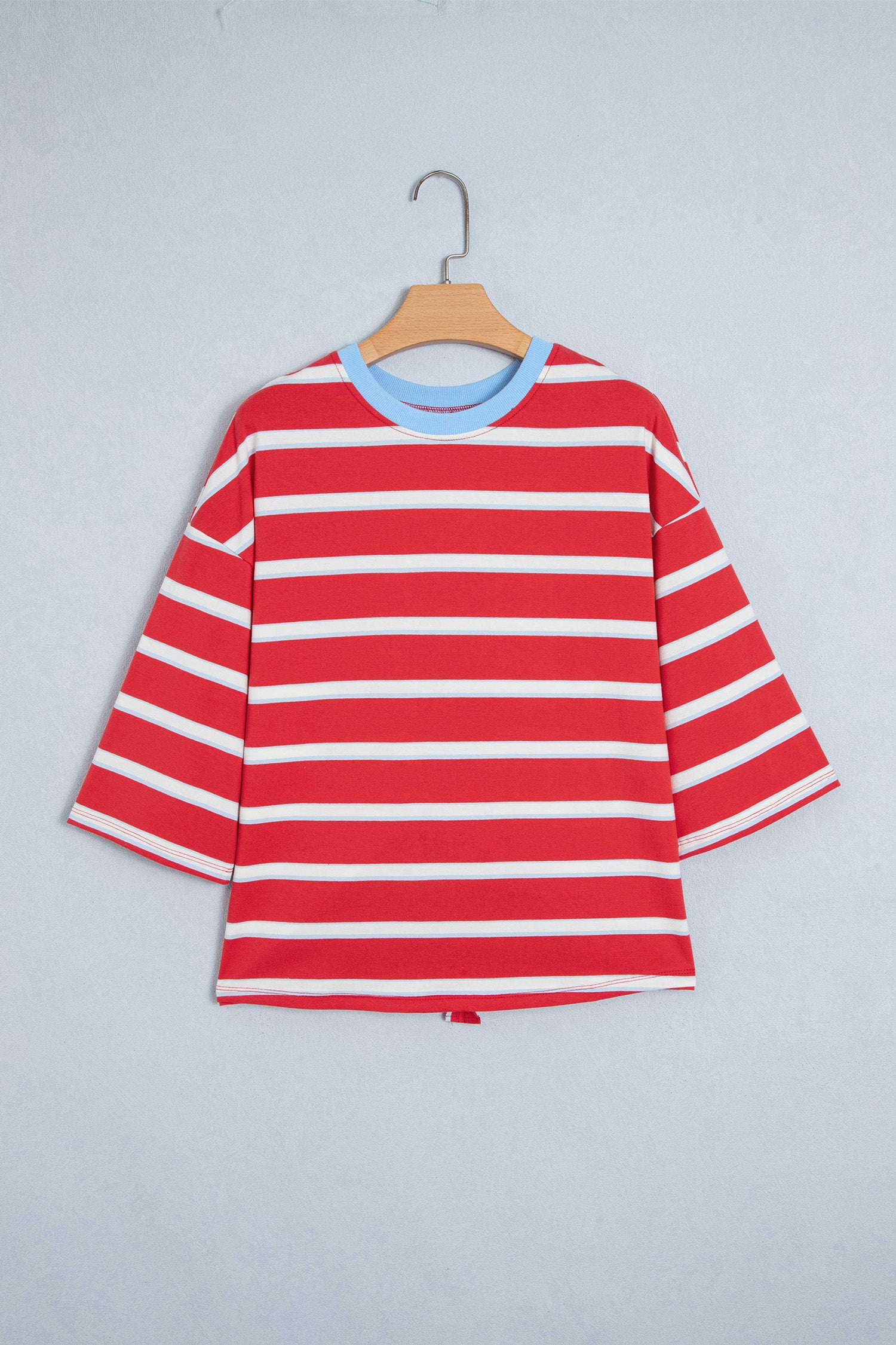 Racing Red Striped Bow Tie Hollowed Back 7/8 Sleeve Casual T-Shirt-Tops/Long Sleeve Tops-[Adult]-[Female]-2022 Online Blue Zone Planet