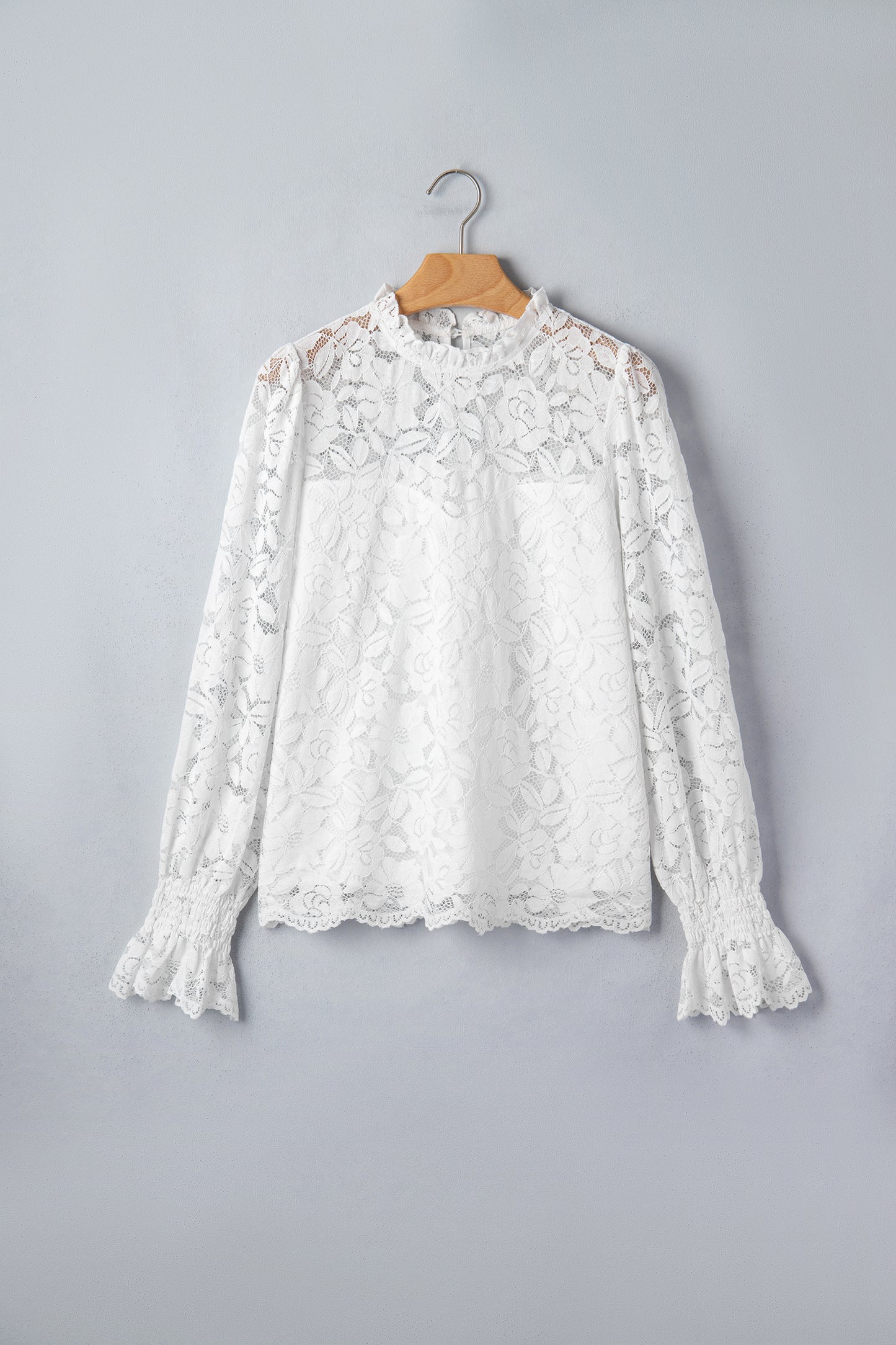 White Ruffled Round Neck Long Flounce Sleeve Sheer Lace Blouse-Tops/Blouses & Shirts-[Adult]-[Female]-2022 Online Blue Zone Planet