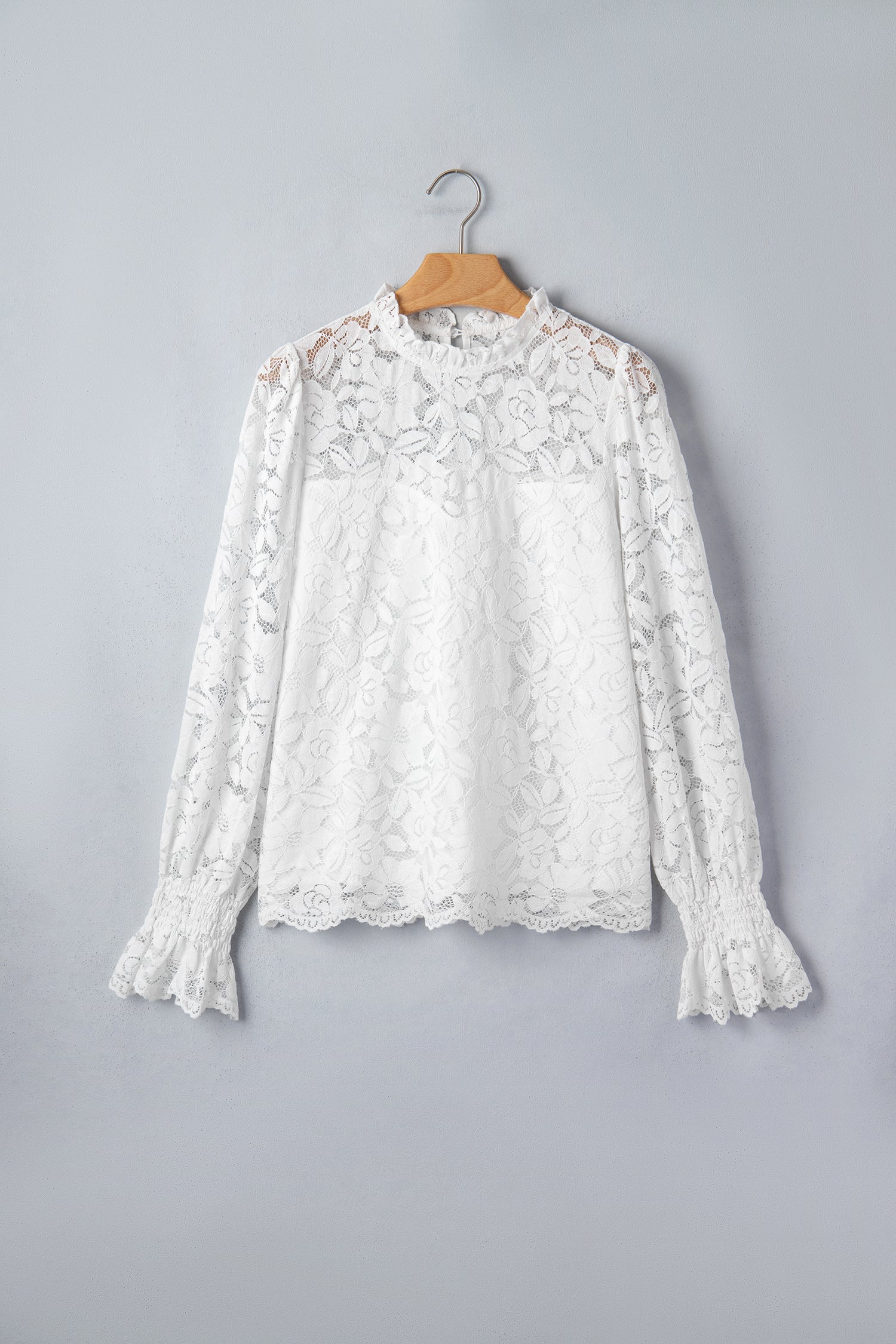 White Ruffled Round Neck Long Flounce Sleeve Sheer Lace Blouse-Tops/Blouses & Shirts-[Adult]-[Female]-2022 Online Blue Zone Planet