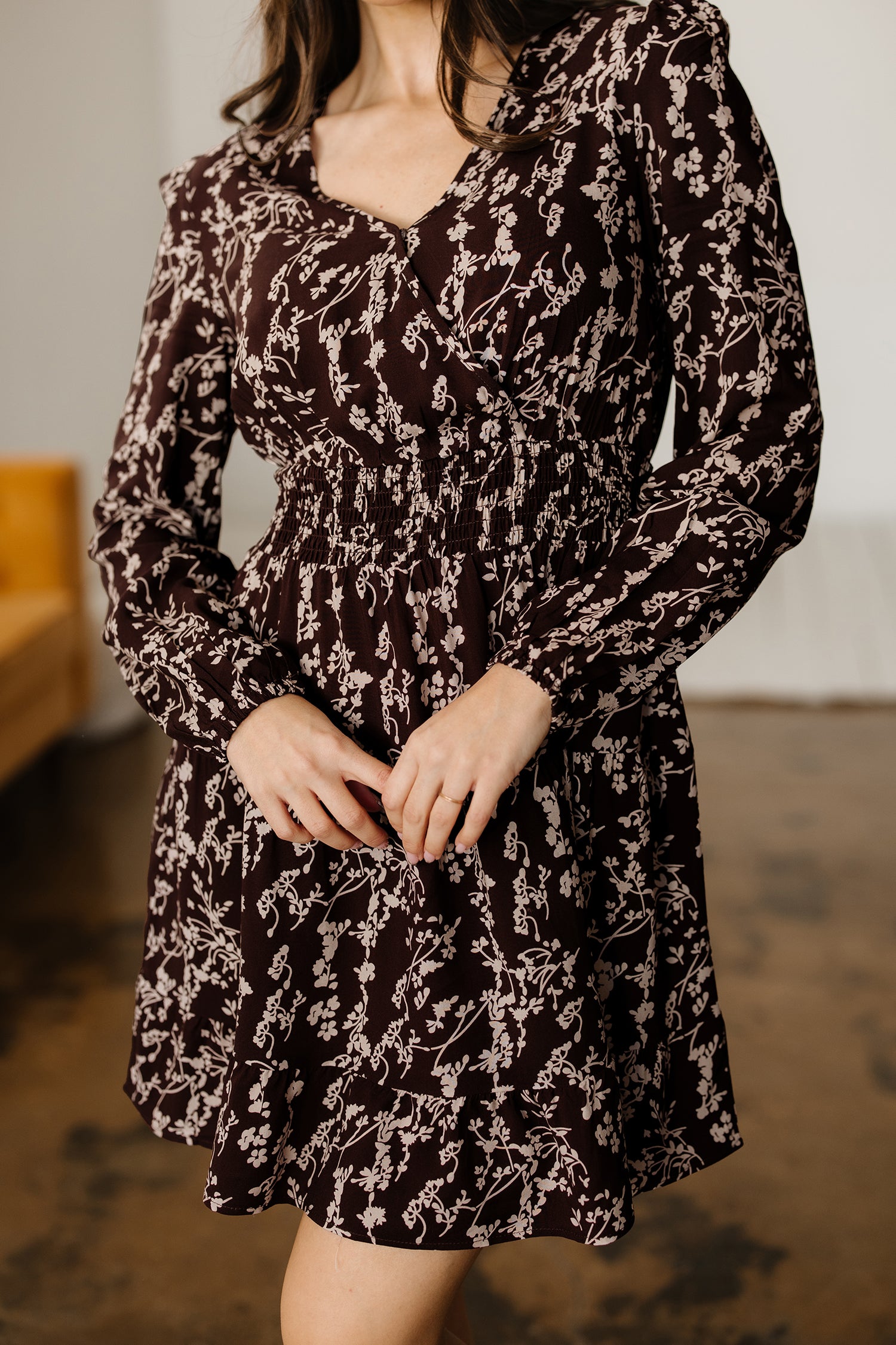 Brown Ditsy Floral Print Split Neck Long Sleeve Shirred Waist Flared Mini Dress-TOPS / DRESSES-[Adult]-[Female]-2022 Online Blue Zone Planet