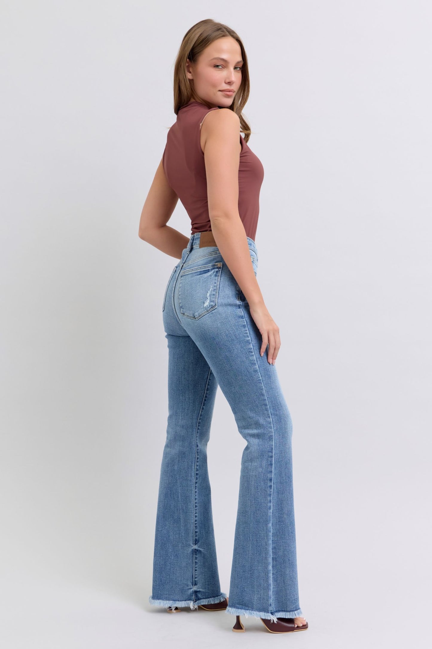 Blue Zone Planet | Judy Blue Full Size Raw Hem High Rise Bootcut Jeans-BOTTOM SIZES SMALL MEDIUM LARGE-[Adult]-[Female]-2022 Online Blue Zone Planet