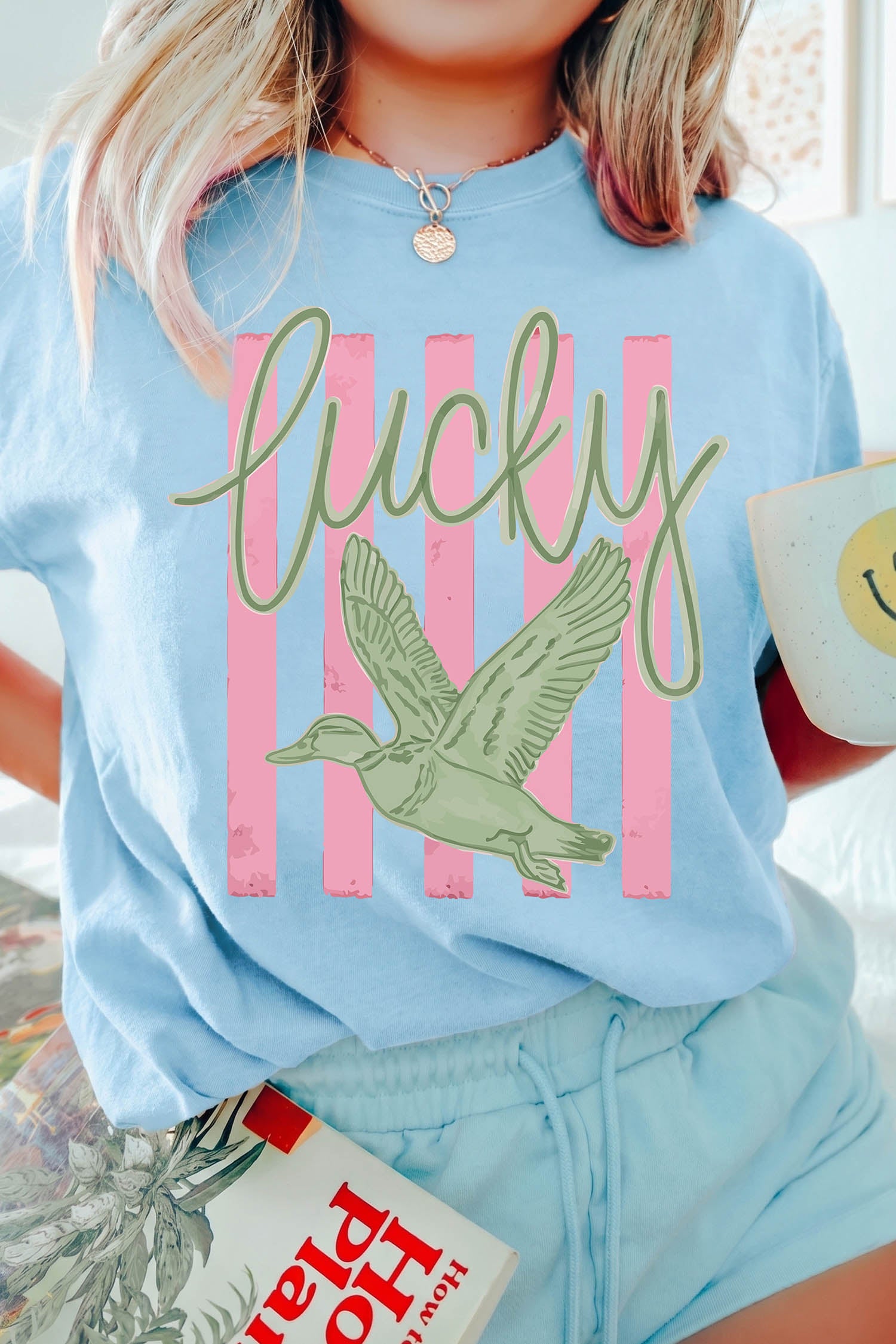 Light Blue Lucky Duck Print Casual Round Neck T Shirt-Graphic/Graphic Tees-[Adult]-[Female]-2022 Online Blue Zone Planet