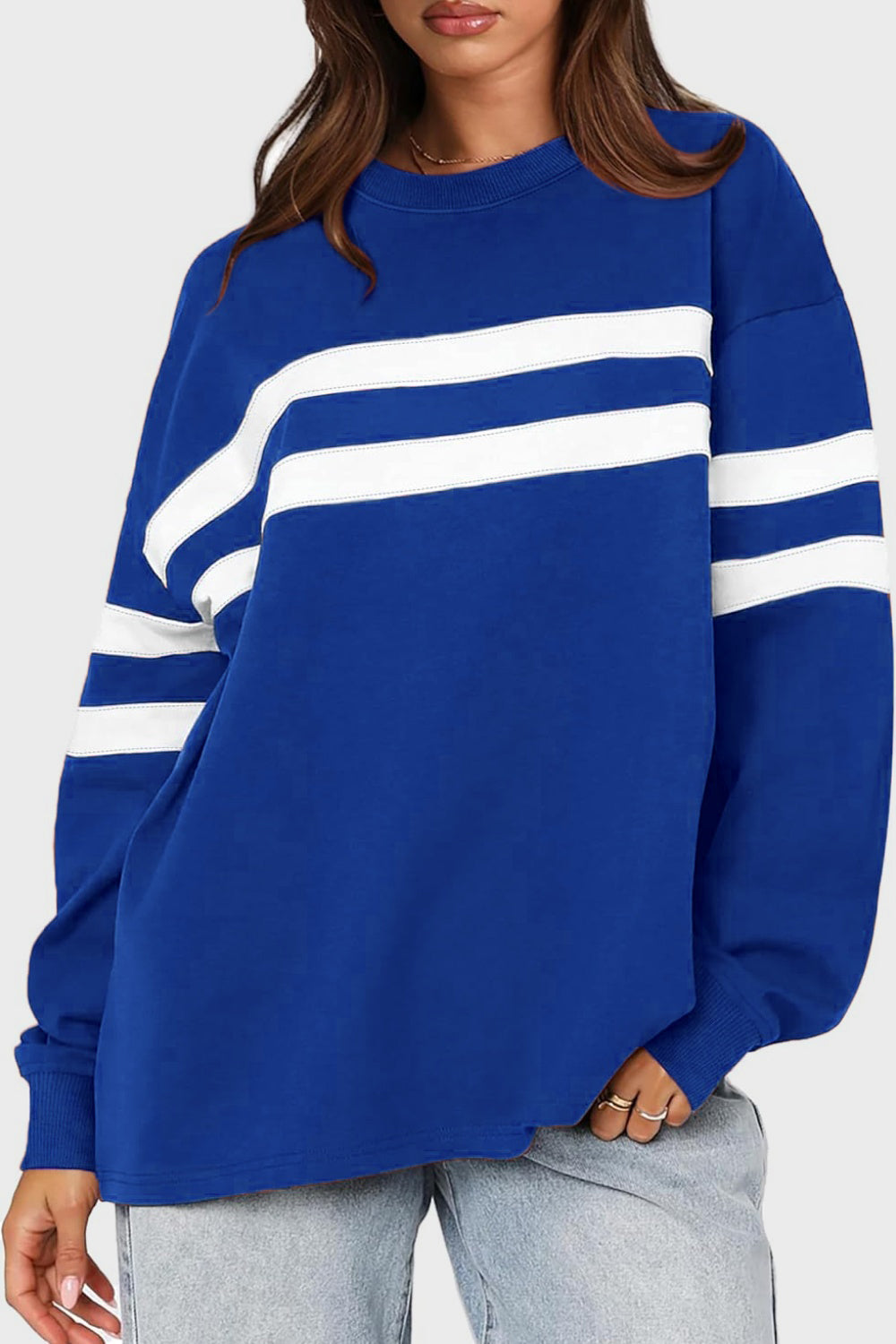 Lovelet Striped Round Neck Dropped Shoulder Sweatshirt-TOPS / DRESSES-[Adult]-[Female]-Royal Blue-S-2022 Online Blue Zone Planet