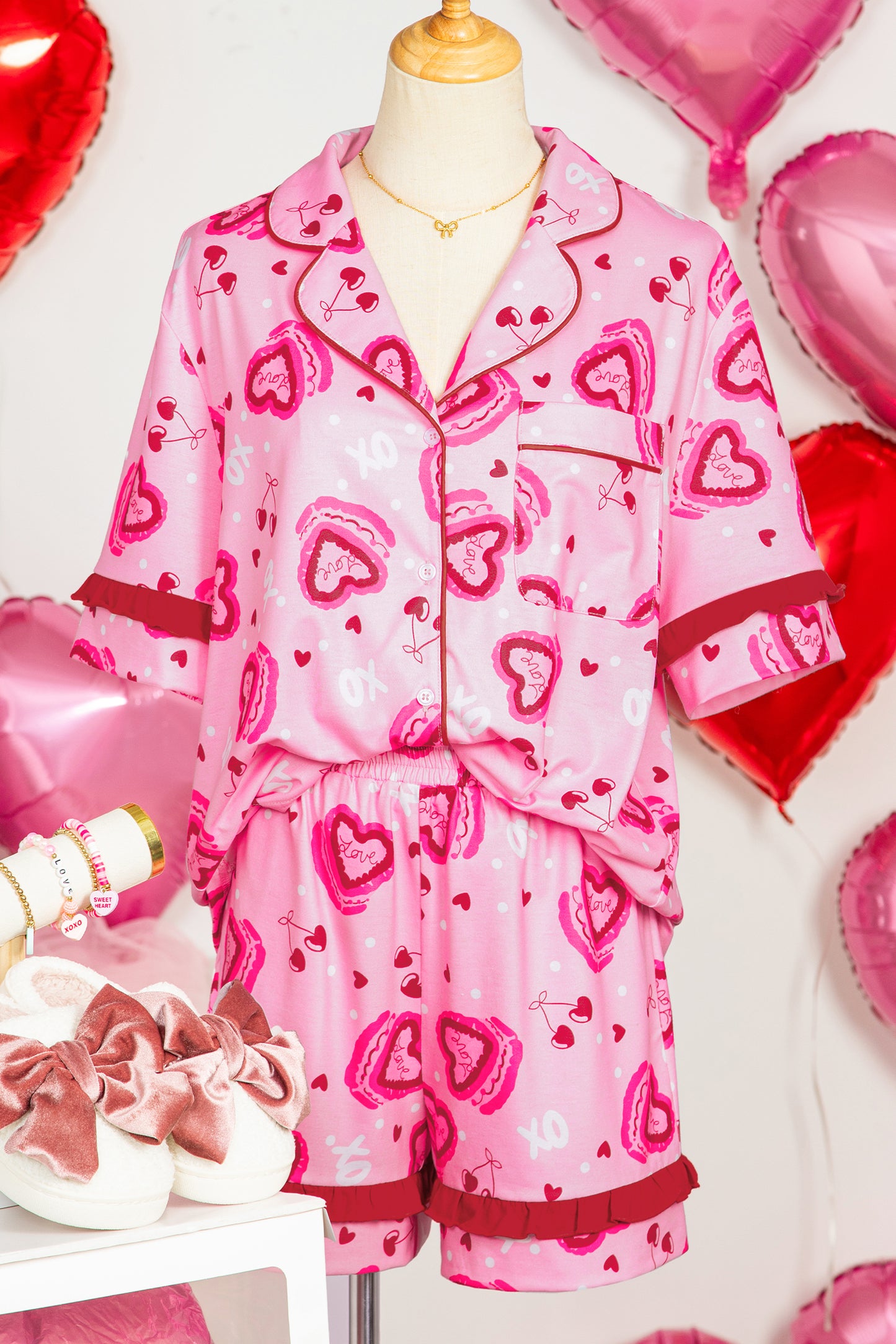 Pink Sweet Heart Cake Print Contrast Ruffle Trim Valentines 2pcs Pajama Set-Loungewear & Sleepwear/Sleepwear-[Adult]-[Female]-2022 Online Blue Zone Planet