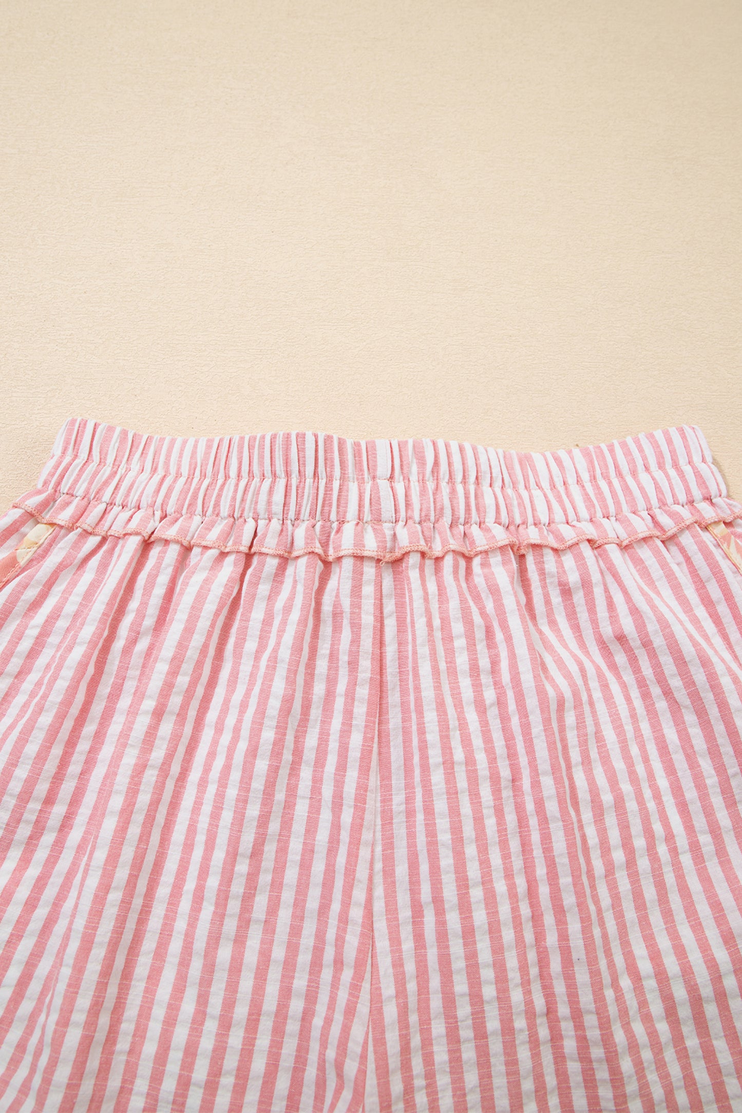 Light Pink Floral Trim Ribbon Knot Striped Casual Shorts-Bottoms/Casual Shorts-[Adult]-[Female]-2022 Online Blue Zone Planet