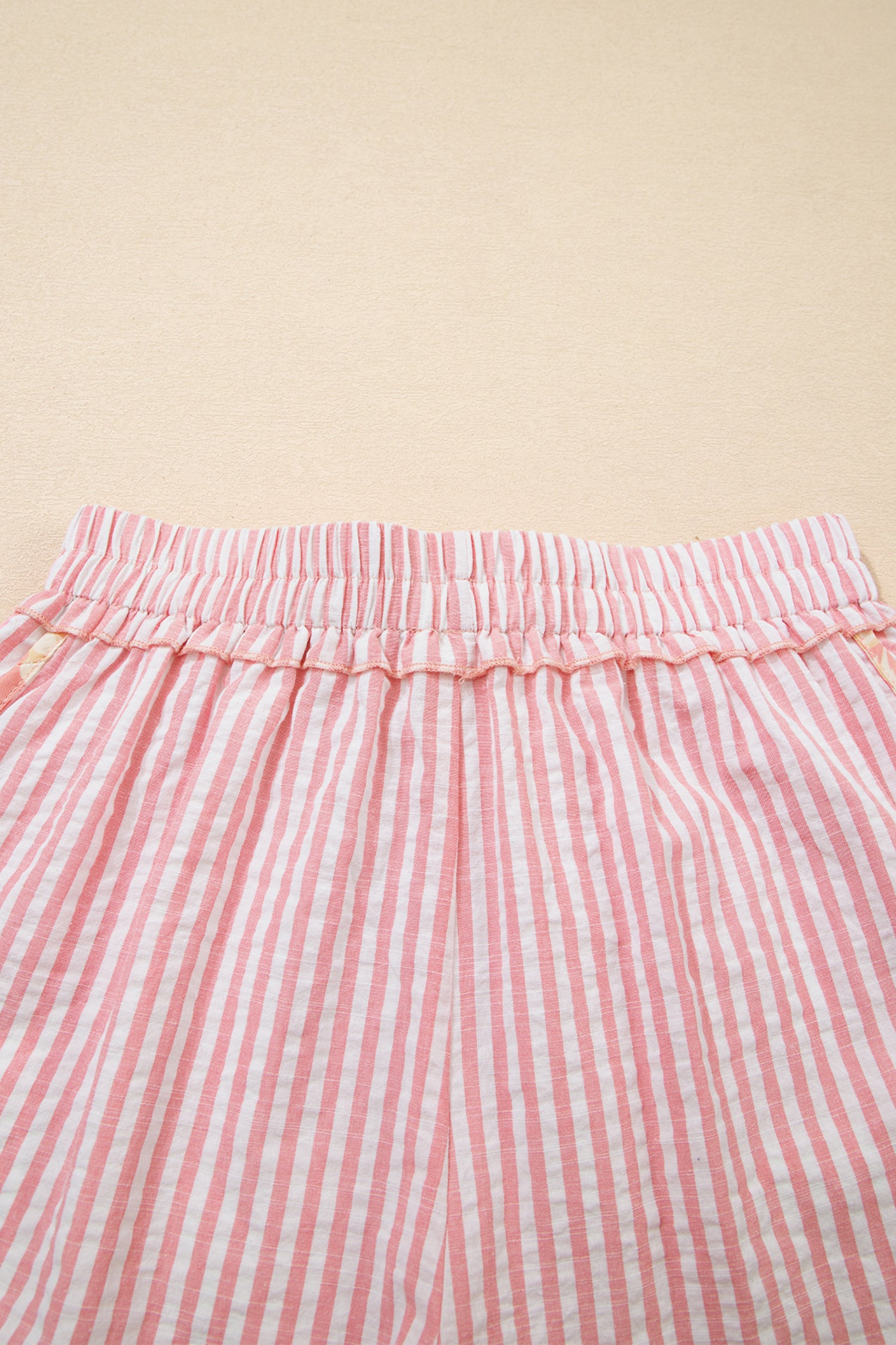 Light Pink Floral Trim Ribbon Knot Striped Casual Shorts-Bottoms/Casual Shorts-[Adult]-[Female]-2022 Online Blue Zone Planet