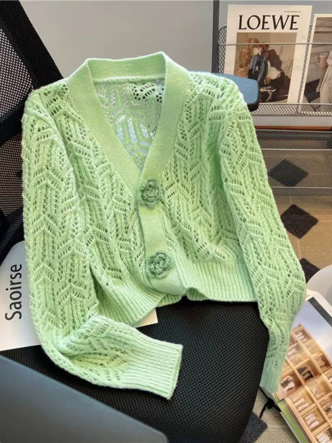 Openwork V-Neck Dropped Shoulder Cardigan-TOPS / DRESSES-[Adult]-[Female]-Light Green-S-2022 Online Blue Zone Planet