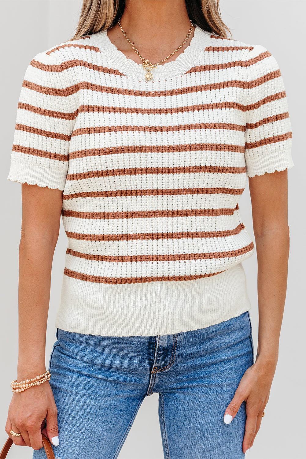 Khaki Stripe Scalloped Round Neck Short Sleeve Sweater-Sweaters & Cardigans/Short Sleeve Sweaters-[Adult]-[Female]-2022 Online Blue Zone Planet