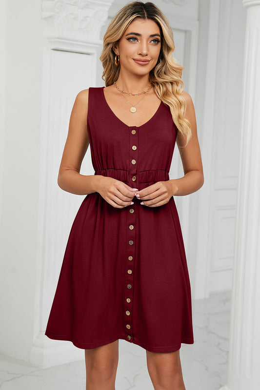 Buttoned Wide Strap Mini Dress-TOPS / DRESSES-[Adult]-[Female]-Burgundy-S-2022 Online Blue Zone Planet