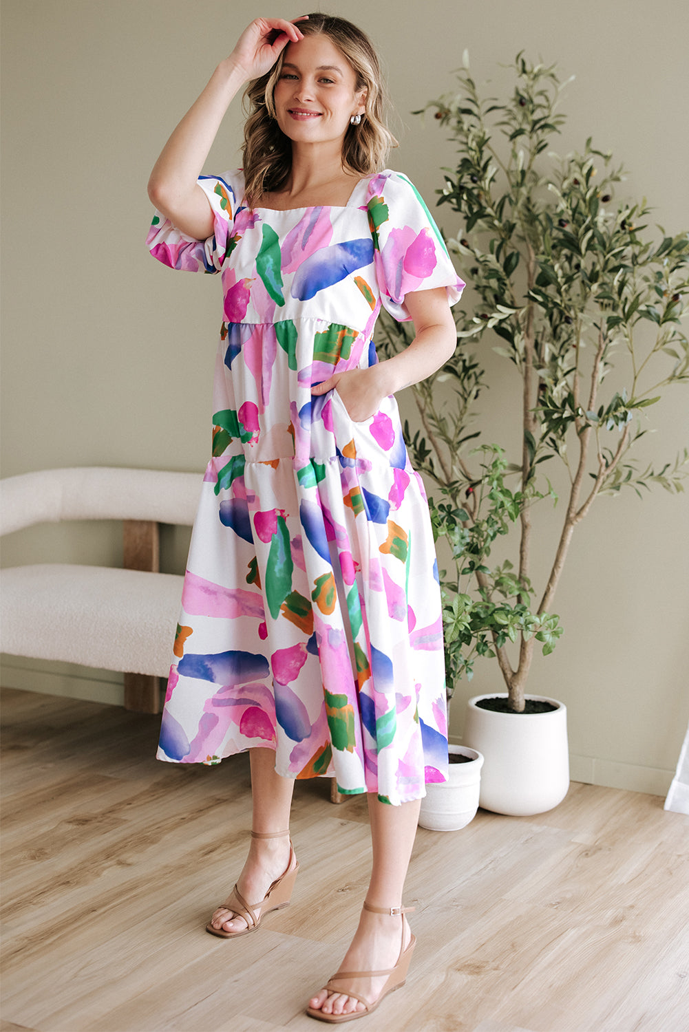 Purple Abstract Print Puff Sleeve Smocked Back Midi Dress-Dresses/Midi Dresses-[Adult]-[Female]-2022 Online Blue Zone Planet