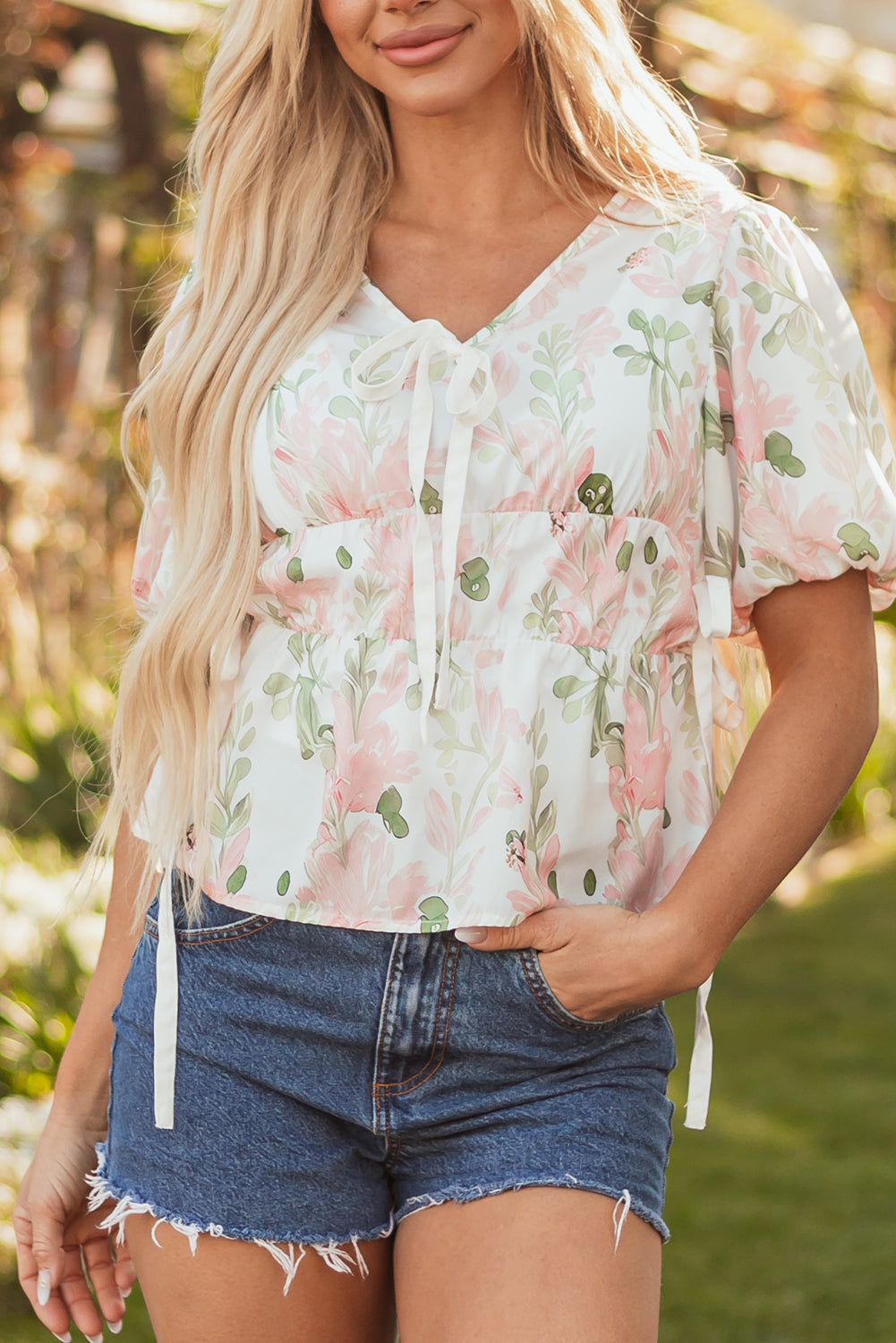 Pink Floral Puff Sleeve V Neck Tied Front Peplum Blouse-Tops/Blouses & Shirts-[Adult]-[Female]-2022 Online Blue Zone Planet