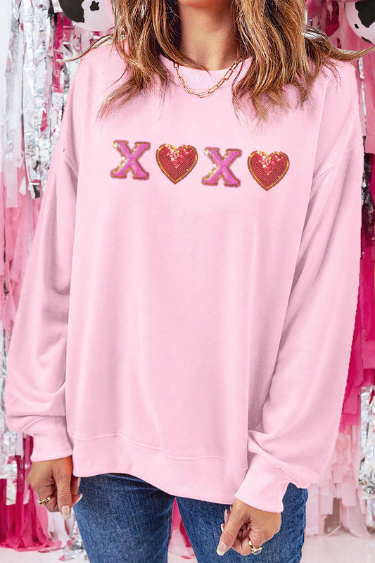 Pink XOXO Sequin Heart Patched Valentines Day Drop Shoulder Sweatshirt-Graphic Sweatshirts-[Adult]-[Female]-Pink-L-2022 Online Blue Zone Planet
