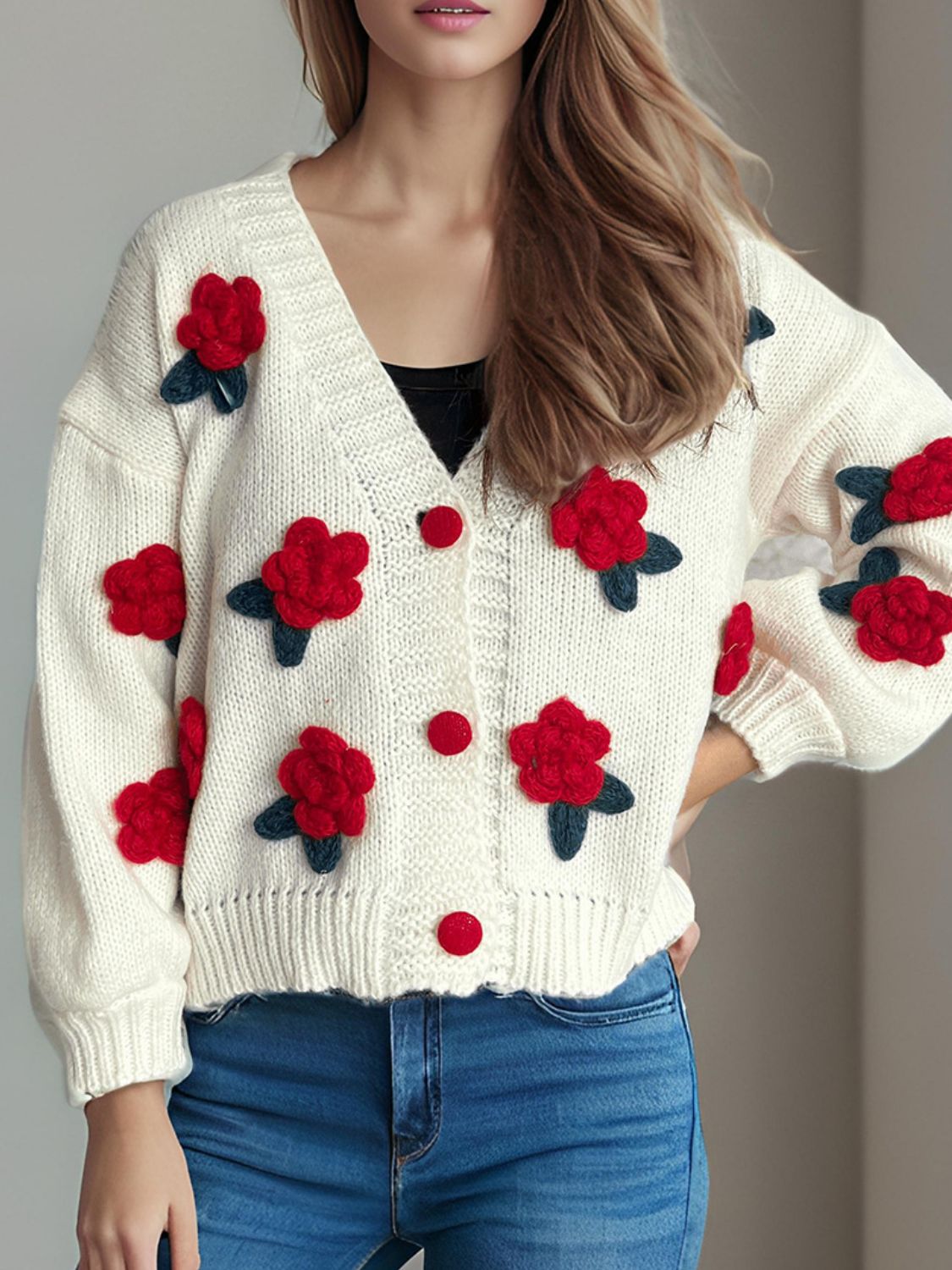 Flower Button Down V-Neck Long Sleeve Cardigan-NEW ARRIVALS-[Adult]-[Female]-Scarlet-One Size-2022 Online Blue Zone Planet