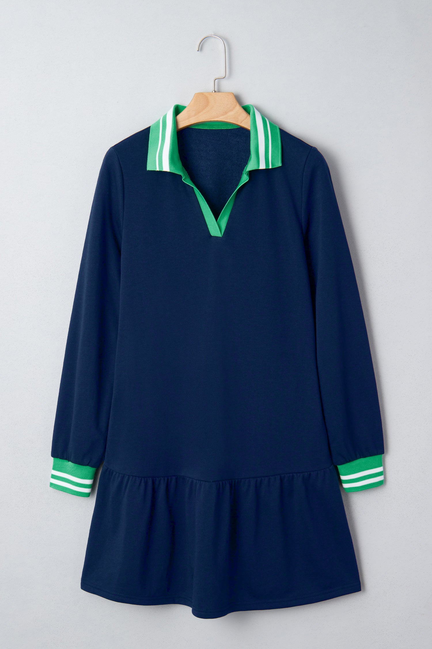 Navy Blue Contrast Striped Cuffs Polo Collar Patchwork Long Sleeve Ruffle Hem Mini Dress-TOPS / DRESSES-[Adult]-[Female]-2022 Online Blue Zone Planet