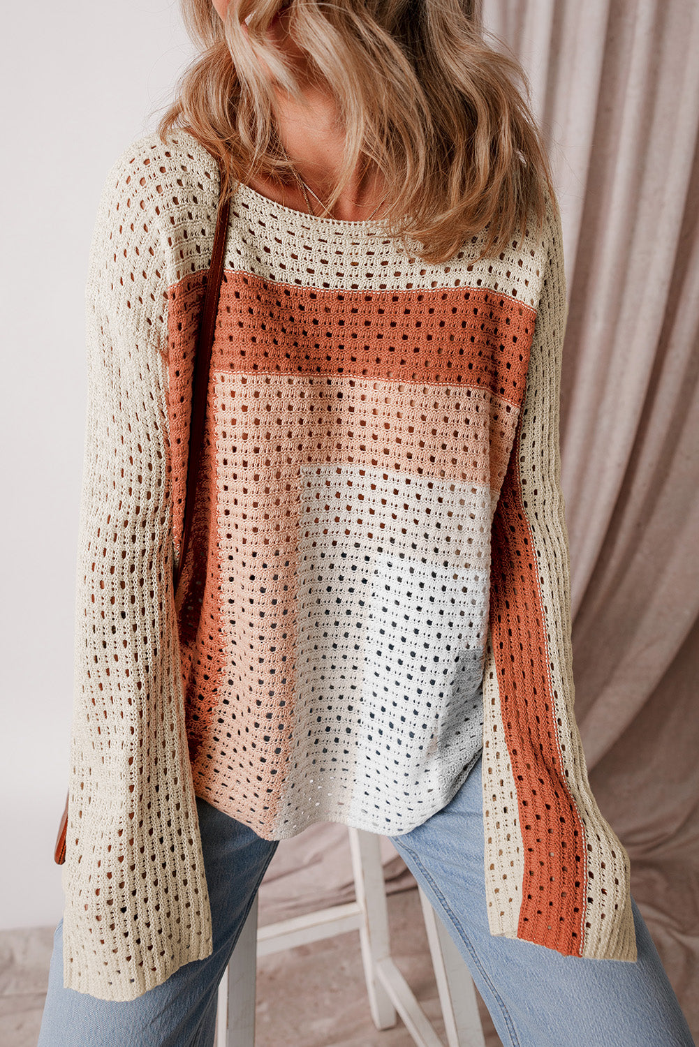 Apricot Pointelle Knit Colorblock Baggy Sweater-Sale (50% OFF)/30% OFF-[Adult]-[Female]-2022 Online Blue Zone Planet