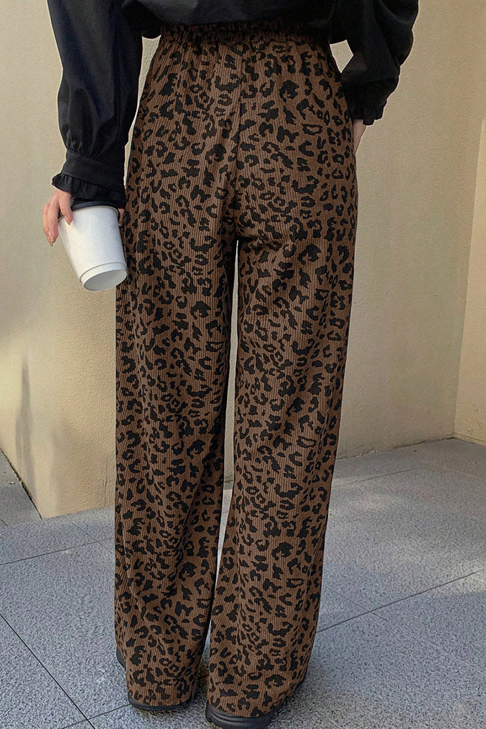 Dark Brown Leopard Print Elastic High Waist Loose Corduroy Pants-Bottoms/Pants & Culotte-[Adult]-[Female]-2022 Online Blue Zone Planet