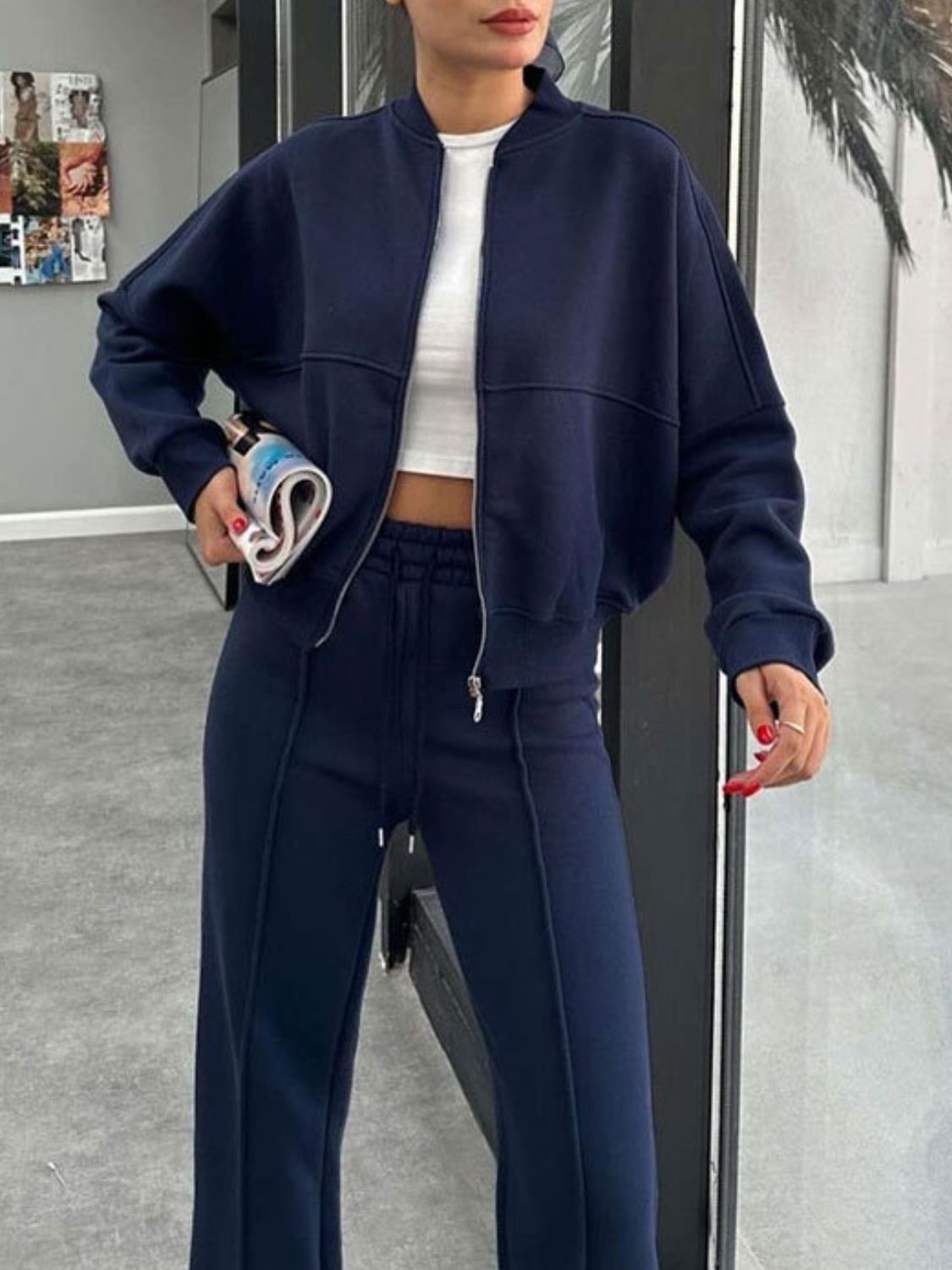 Baseball Collar Zip Up Outerwear and Drawstring Pants Set-TOPS / DRESSES-[Adult]-[Female]-2022 Online Blue Zone Planet