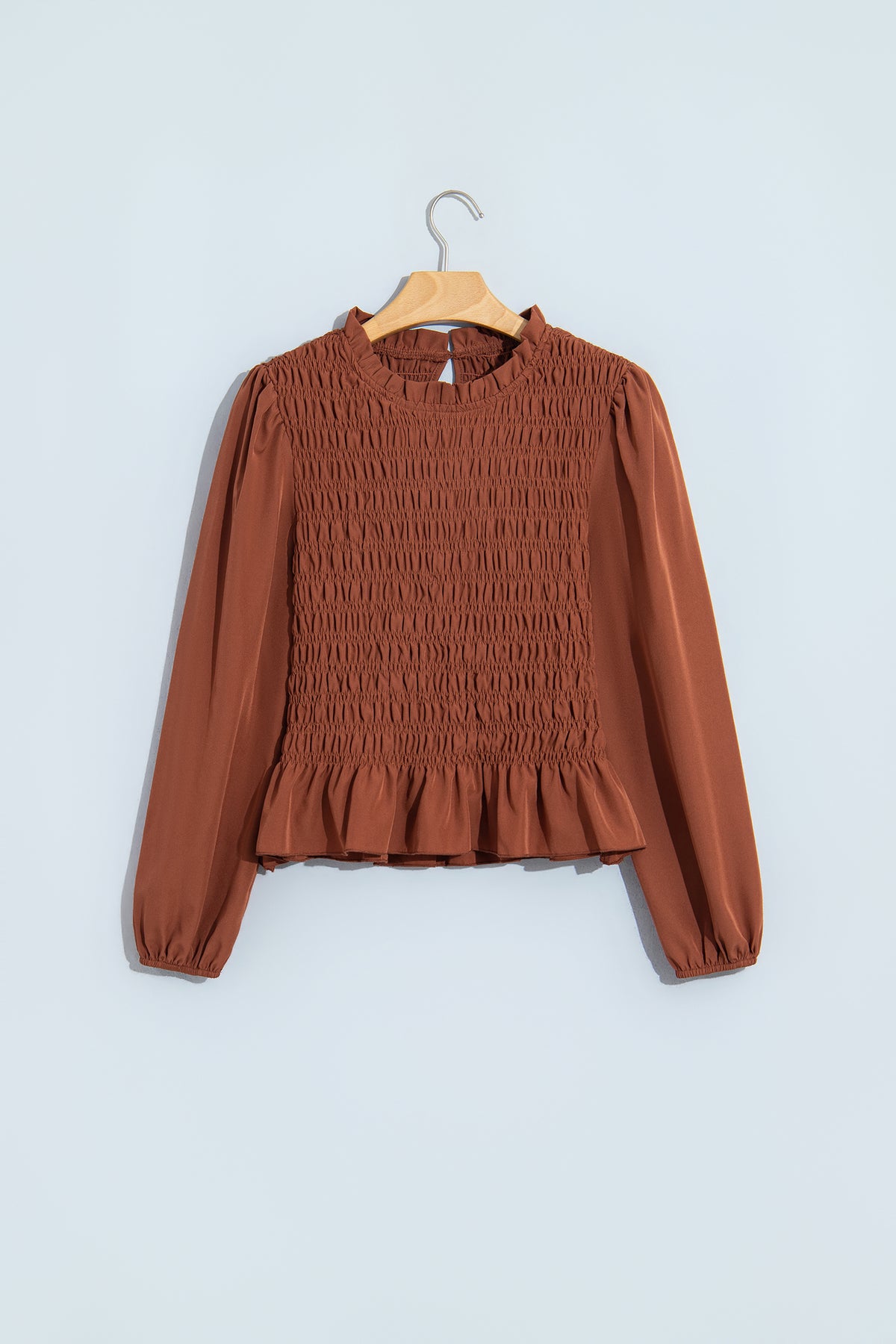 Bright Green Solid Color Smocked Ruffle Hem Long Sleeve Blouse-Tops/Blouses & Shirts-[Adult]-[Female]-2022 Online Blue Zone Planet