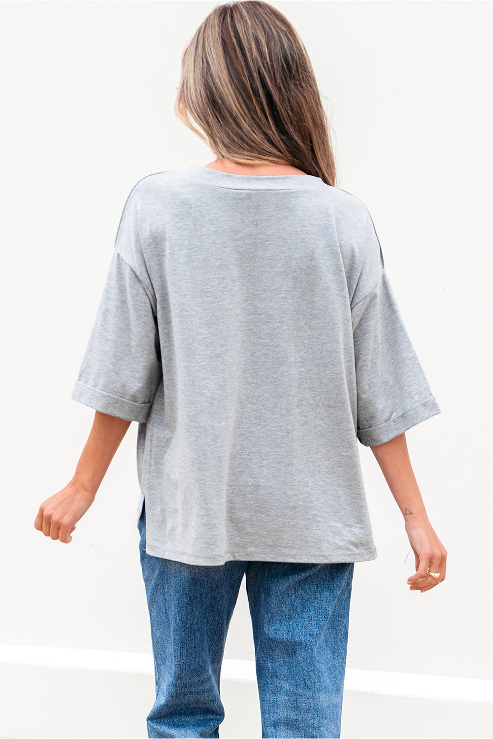 High Raglan Half Sleeve V Neck Oversized T Shirt-Tops/Tops & Tees-[Adult]-[Female]-2022 Online Blue Zone Planet