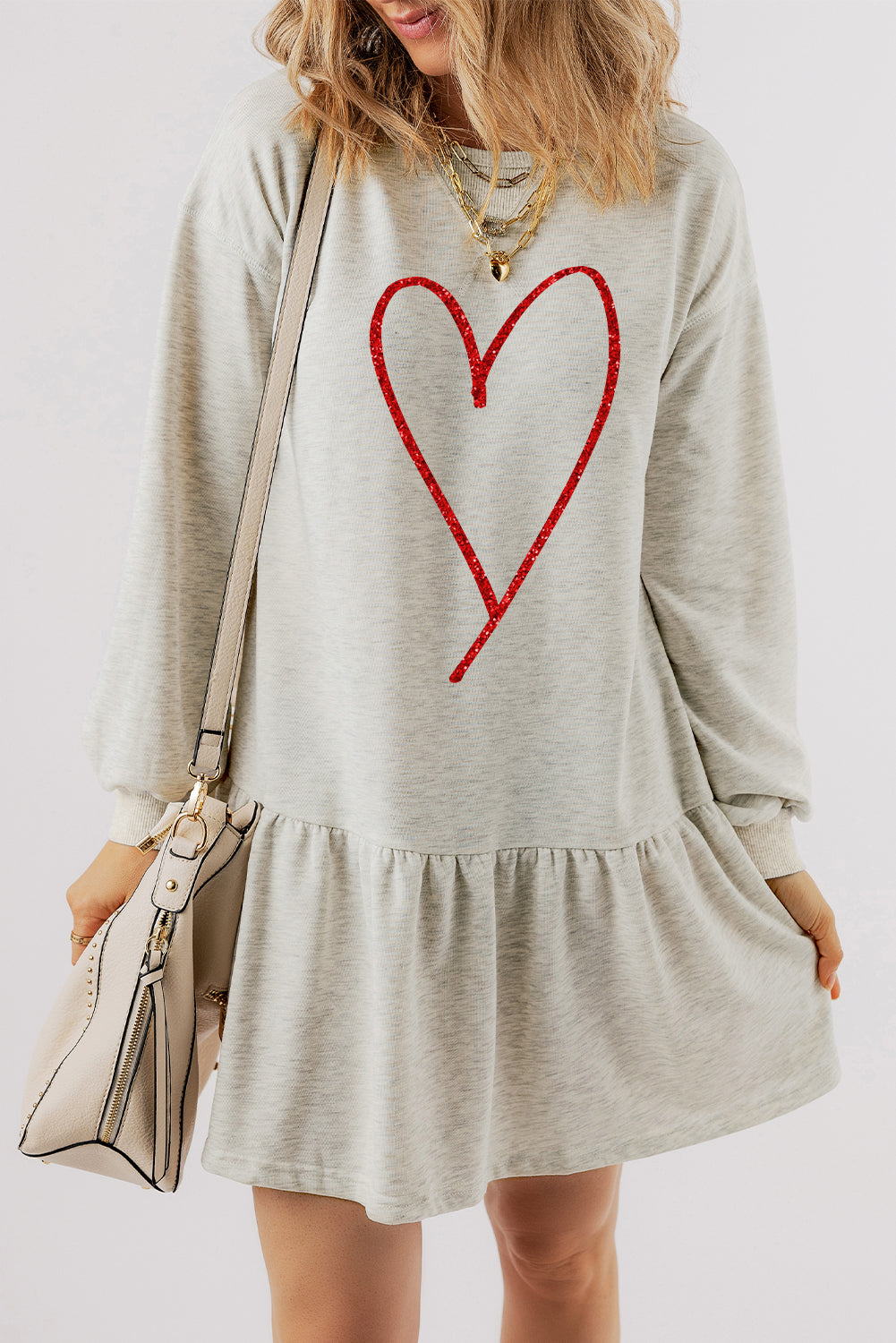 Dusty Pink Shimmer Heart Graphic Long Sleeve Ruffle Hem Dress-Graphic Apparel-[Adult]-[Female]-2022 Online Blue Zone Planet