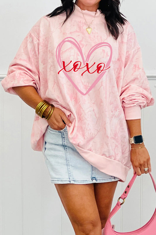 Pink Tie Dye xoxo Heart Printed Mock Neck Sweatshirt-Graphic Sweatshirts-[Adult]-[Female]-Pink-L-2022 Online Blue Zone Planet