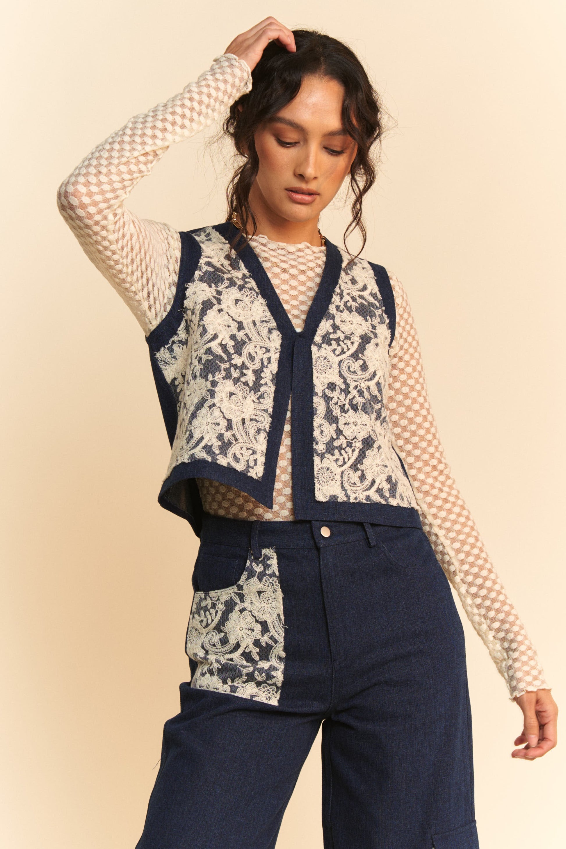 Davi & Dani Lace Patch Open Front Denim Vest-TOPS / DRESSES-[Adult]-[Female]-2022 Online Blue Zone Planet