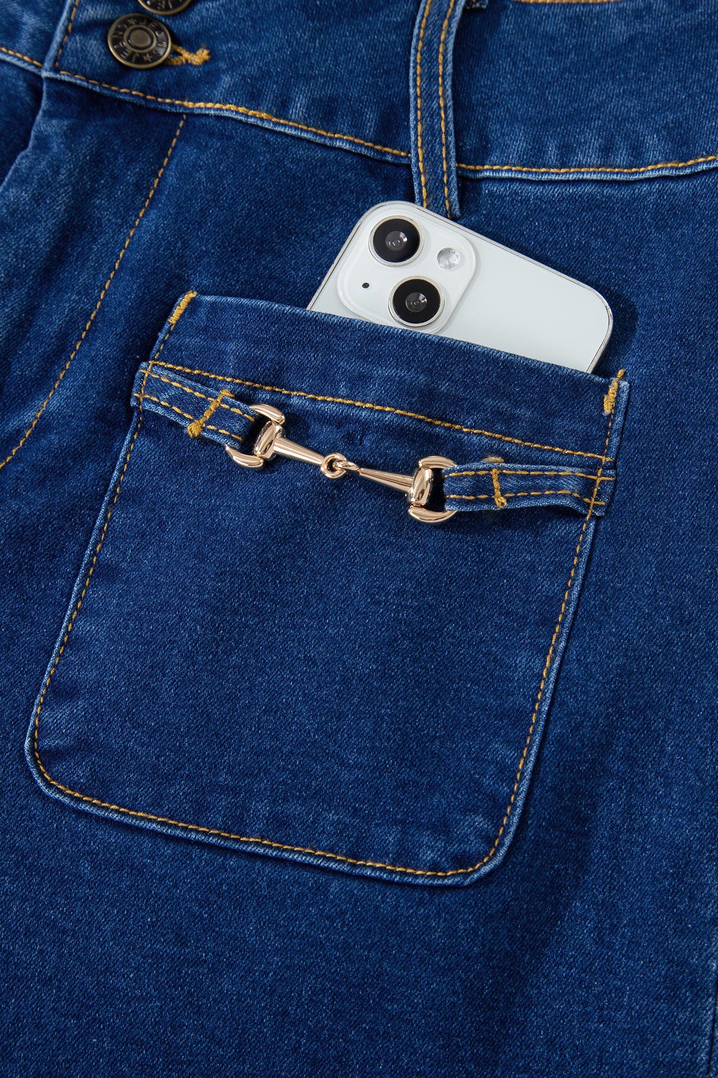 Sail Blue Hardware Decor Patched Pockets Wide Leg Denim Pants-Bottoms/Pants & Culotte-[Adult]-[Female]-2022 Online Blue Zone Planet