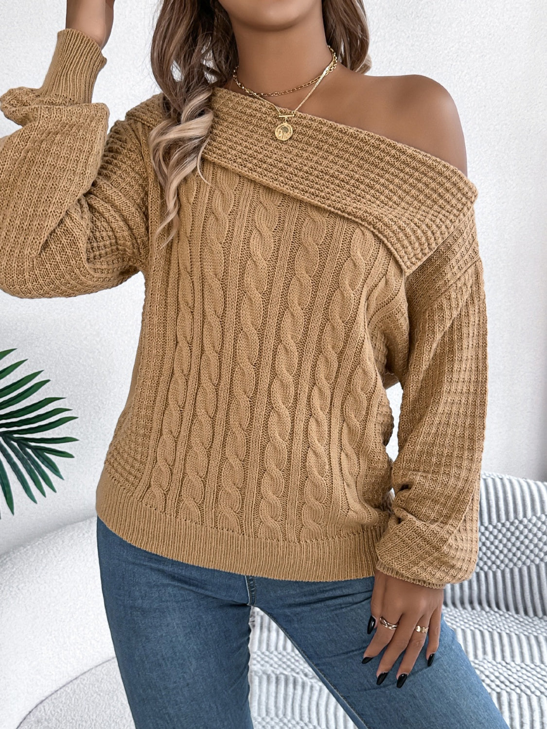 Cable-Knit One Shoulder Long Sleeve Sweater-TOPS / DRESSES-[Adult]-[Female]-2022 Online Blue Zone Planet