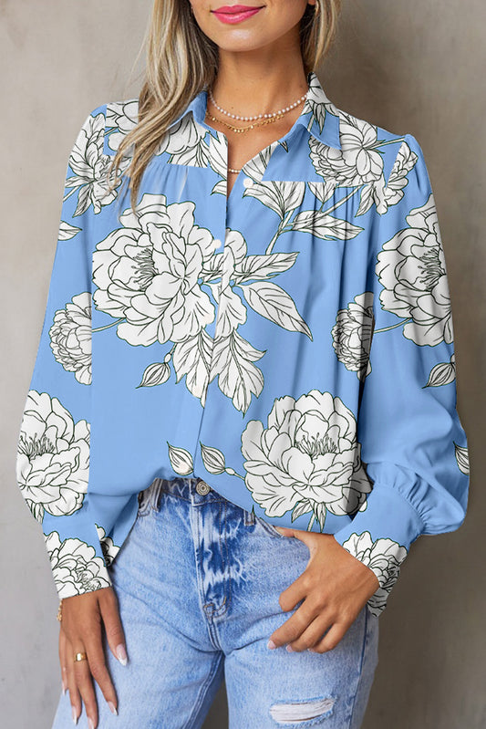 Sky Blue Floral Print Button Up Pleated Detail Puff Sleeve Shirt-Tops/Blouses & Shirts-[Adult]-[Female]-Sky Blue-S-2022 Online Blue Zone Planet