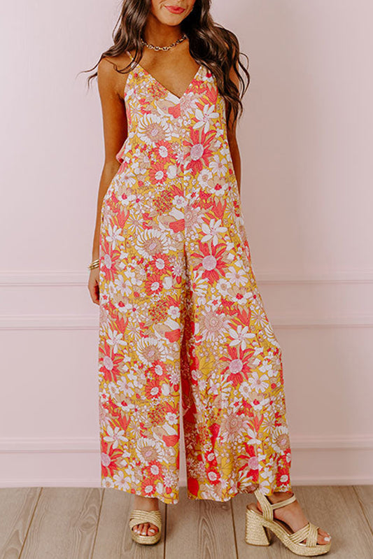 Orange Floral V Neck Wide Leg Sleeveless Jumpsuit
