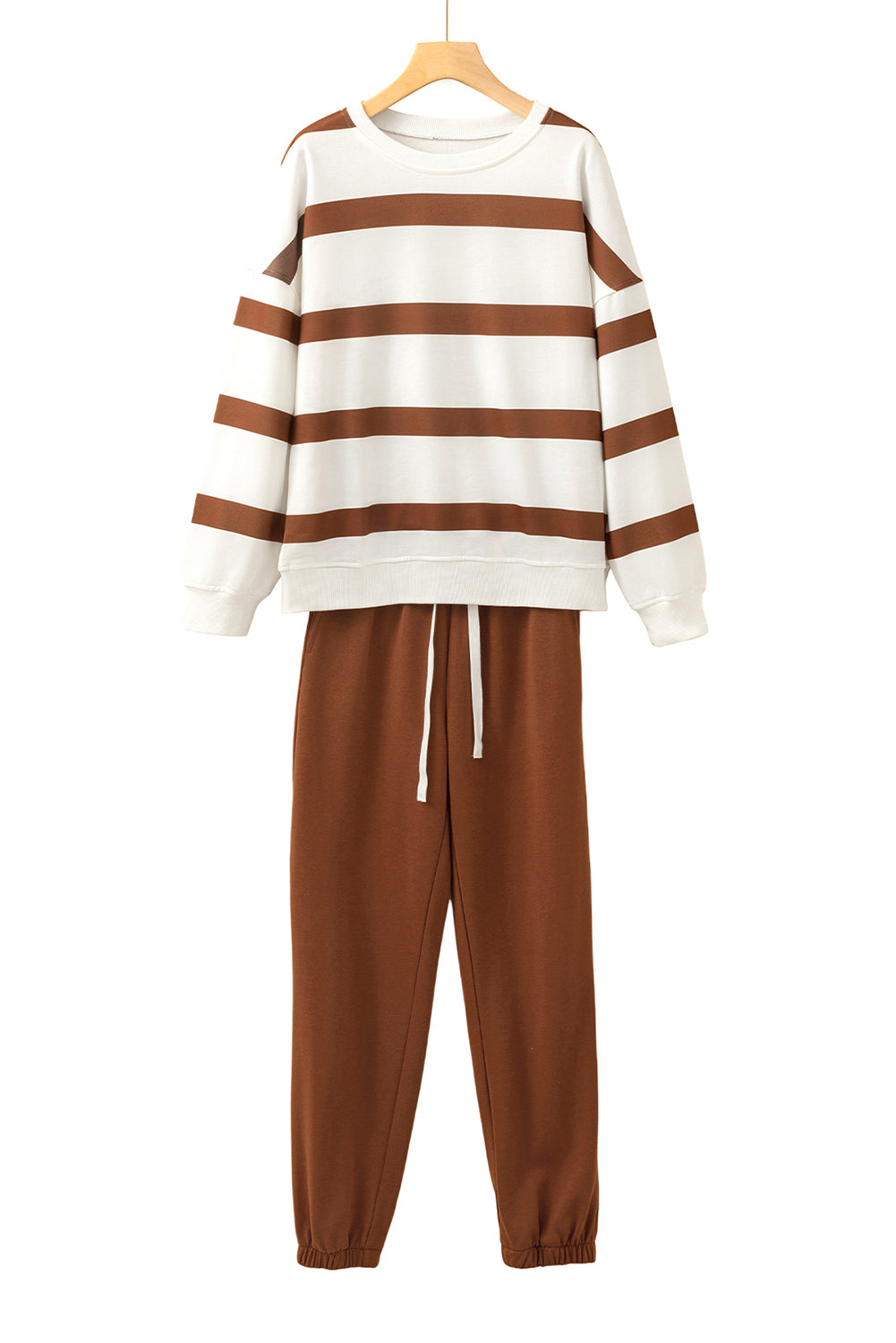 Blue Zone Planet | Light French Beige Striped Drop Shoulder Pullover and Joggers Set-Two Piece Pants Sets-[Adult]-[Female]-2022 Online Blue Zone Planet