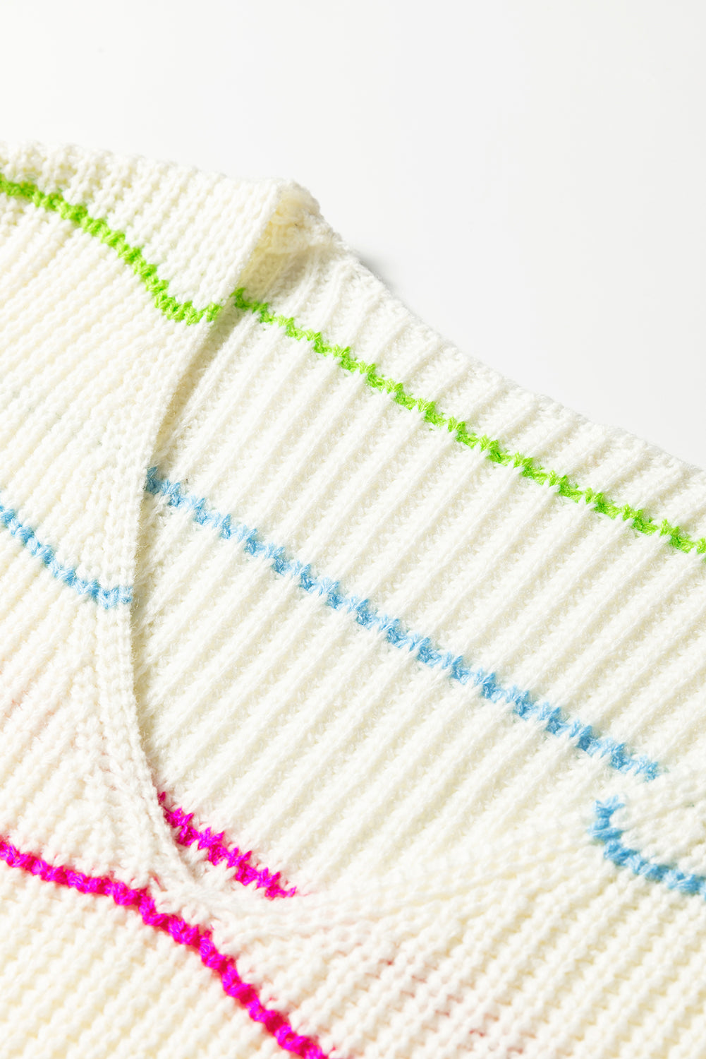 White Colorful Striped Detail V Neck Drop Shoulder Baggy Sweater-TOPS / DRESSES-[Adult]-[Female]-2022 Online Blue Zone Planet