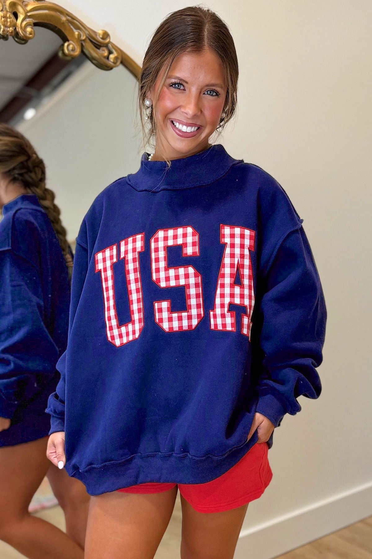 Navy Blue USA Gingham Slogan Exposed Seam Mock Neck Baggy Pullover Sweatshirt-Tops/Sweatshirts & Hoodies-[Adult]-[Female]-2022 Online Blue Zone Planet