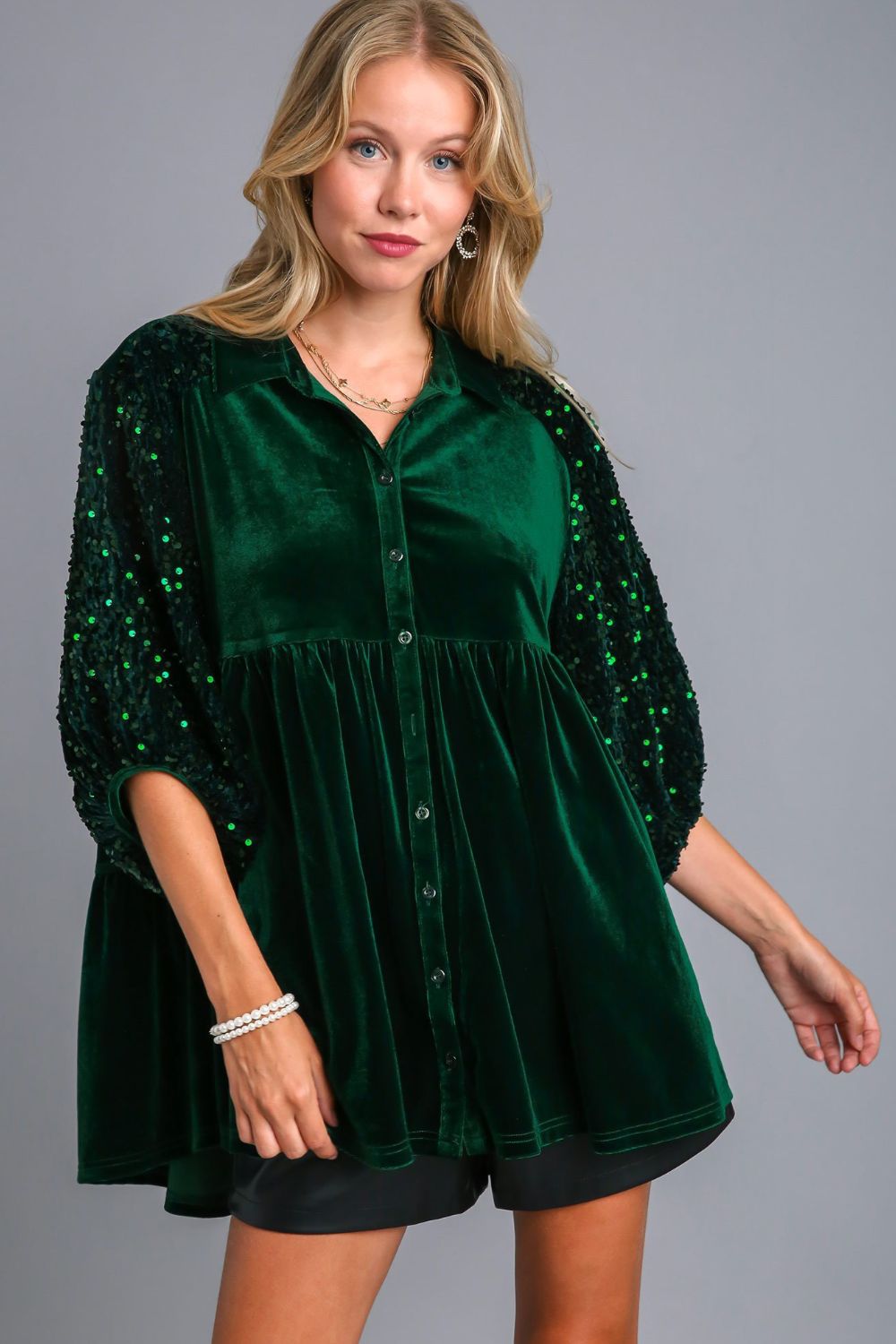 Umgee Sequin Detail Tiered Back Half Sleeve Shirt-TOPS / DRESSES-[Adult]-[Female]-Hunter Green-S-2022 Online Blue Zone Planet