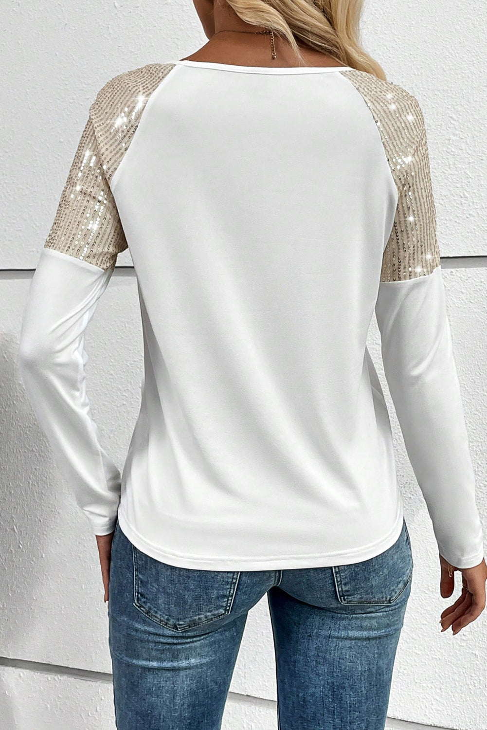 Blue Zone Planet | White Sequin Patch Chest Pocket Raglan Sleeve Top-Tops/Long Sleeve Tops-[Adult]-[Female]-2022 Online Blue Zone Planet