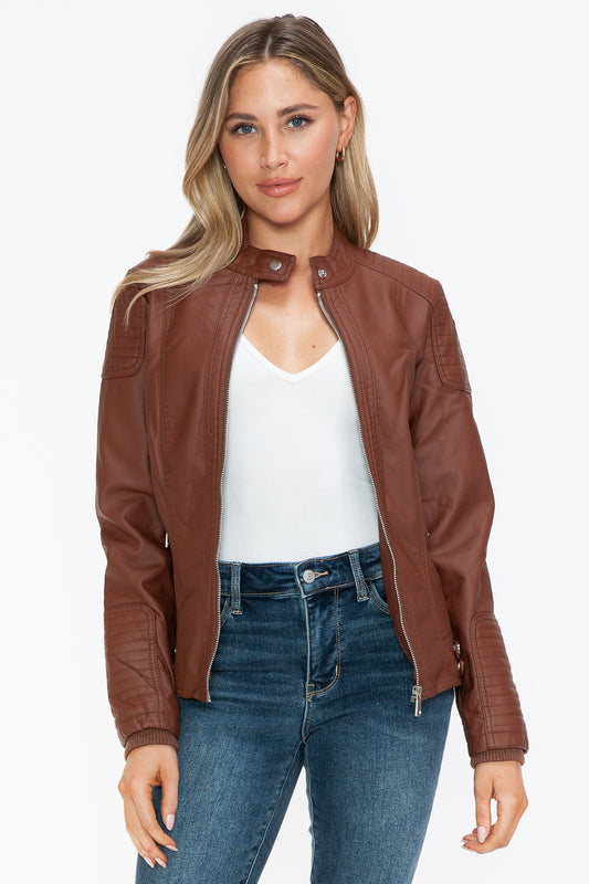 Blue Zone Planet | Snobbish Faux Leather Biker Jacket with Side Zip Pockets-TOPS / DRESSES-[Adult]-[Female]-Brandy-S-2022 Online Blue Zone Planet