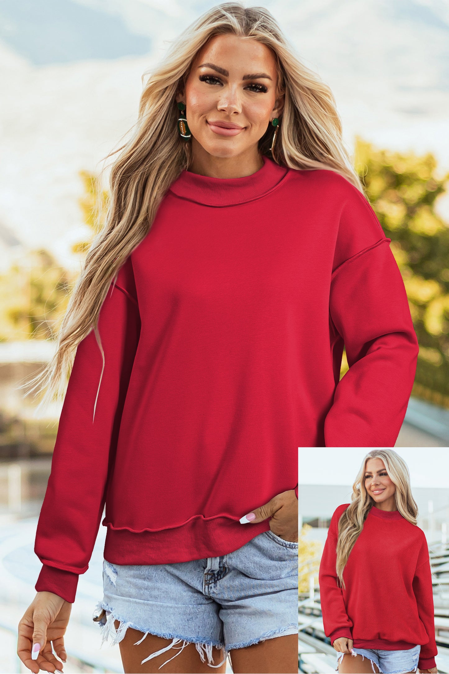 Racing Red Oversize Drop Shoulder Reversible Mock Neck Sweatshirt-Tops/Sweatshirts & Hoodies-[Adult]-[Female]-2022 Online Blue Zone Planet