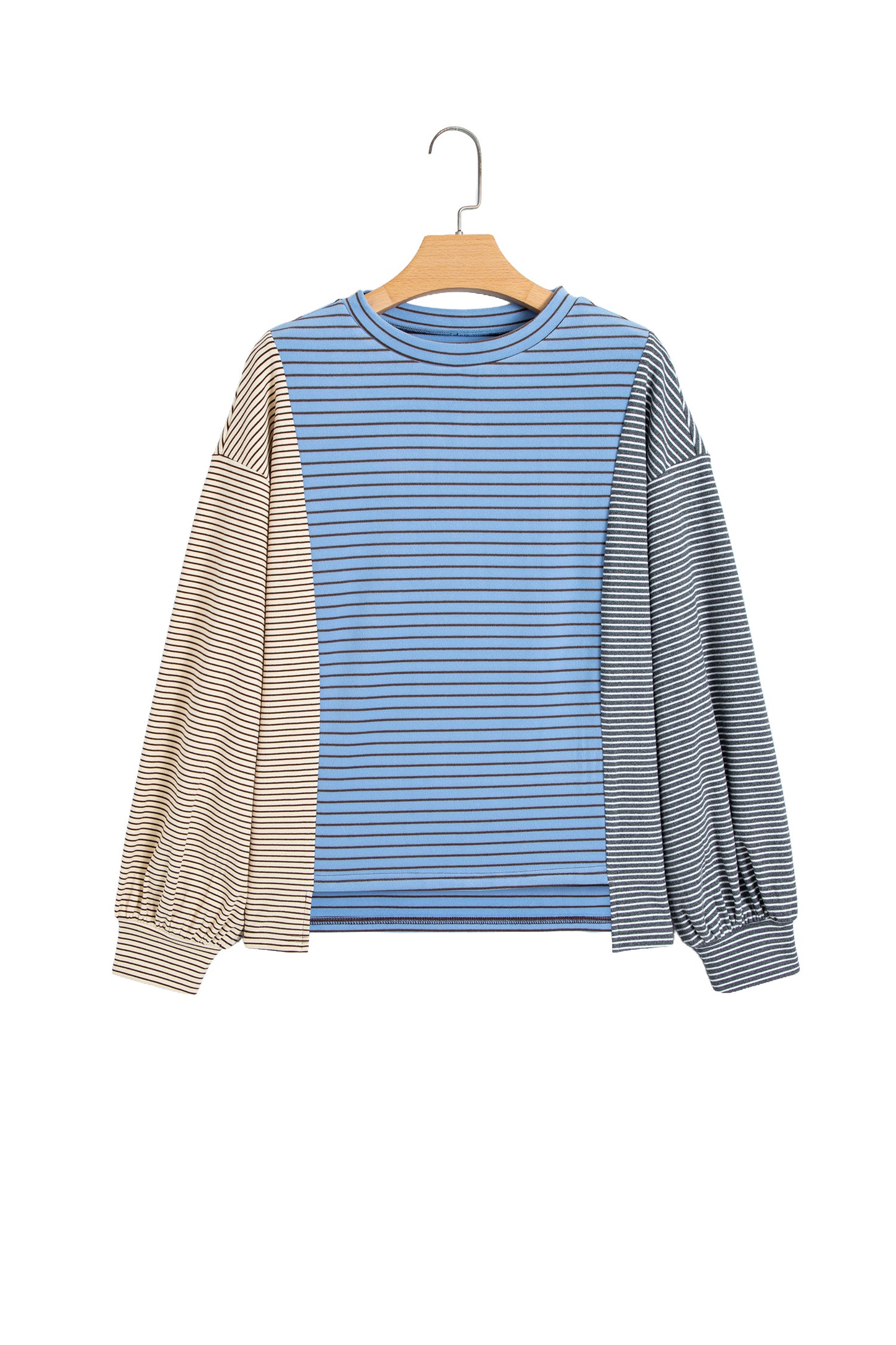 Sky Blue Stripe Color Block Contrast Long Sleeve Round Neck Casual Shift Pullover-Tops/Long Sleeve Tops-[Adult]-[Female]-2022 Online Blue Zone Planet