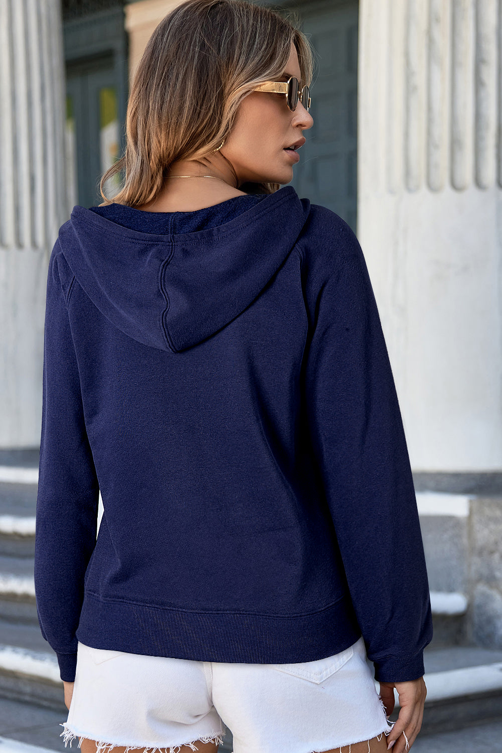 Navy Blue Solid Color Fleece Lined Zip up Hoodie-Tops/Sweatshirts & Hoodies-[Adult]-[Female]-2022 Online Blue Zone Planet