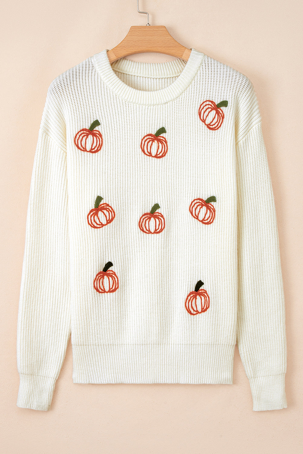 Beige Pumpkin Embroidered Ribbed Thanksgiving Halloween Holiday Sweater-Sweaters & Cardigans/Sweaters-[Adult]-[Female]-2022 Online Blue Zone Planet