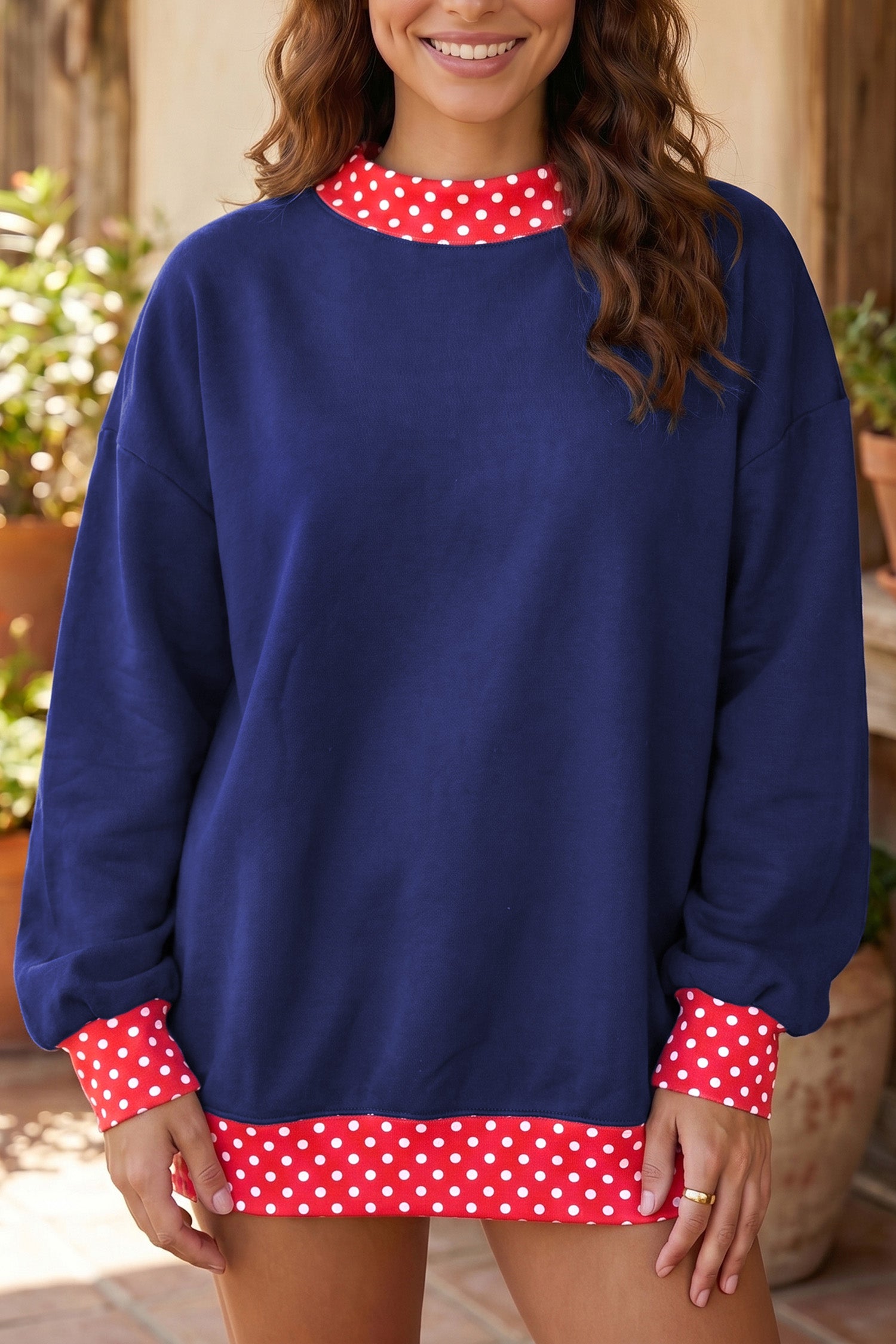 Dirty blue Colorblock Polka Dot Contrast Trim Oversized Sweatshirt-Tops/Sweatshirts & Hoodies-[Adult]-[Female]-Dirty blue-S-2022 Online Blue Zone Planet